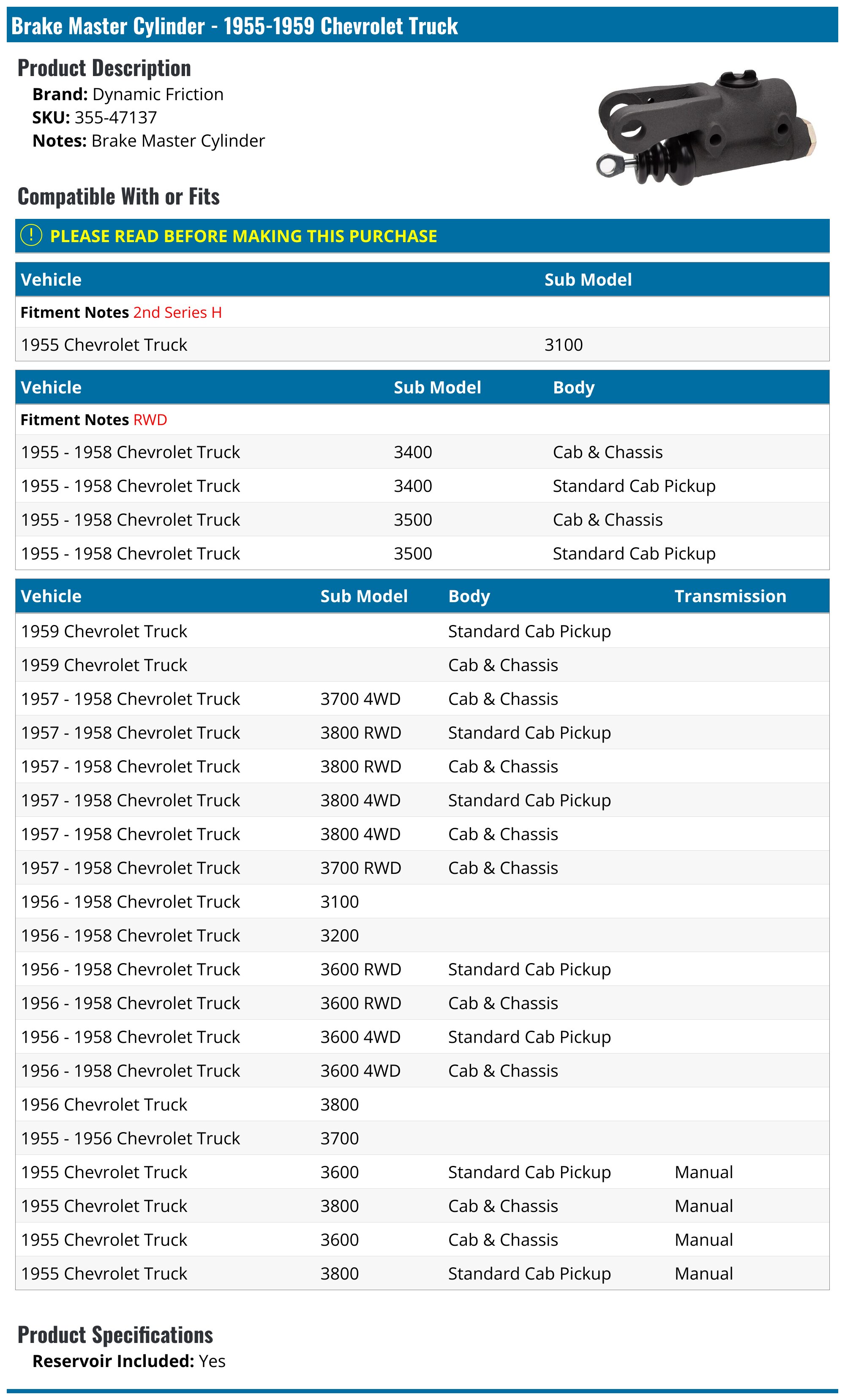 Brake Master Cylinder - 1955-1959 Chevrolet Truck - Dynamic Friction 116313-05966793