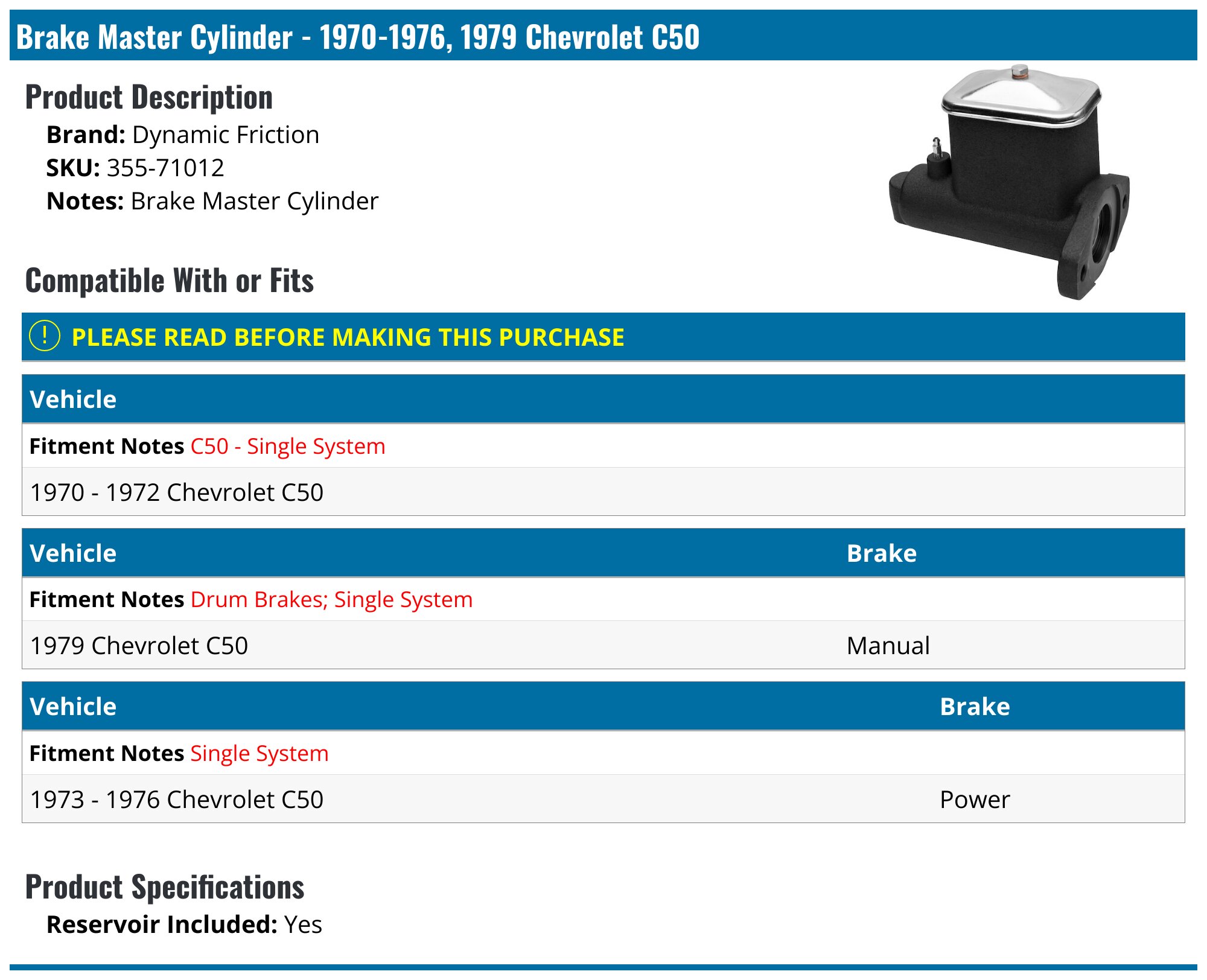 Brake Master Cylinder - with Reservoir - 1979 Chevrolet C50 - Dynamic Friction 141268-06236599