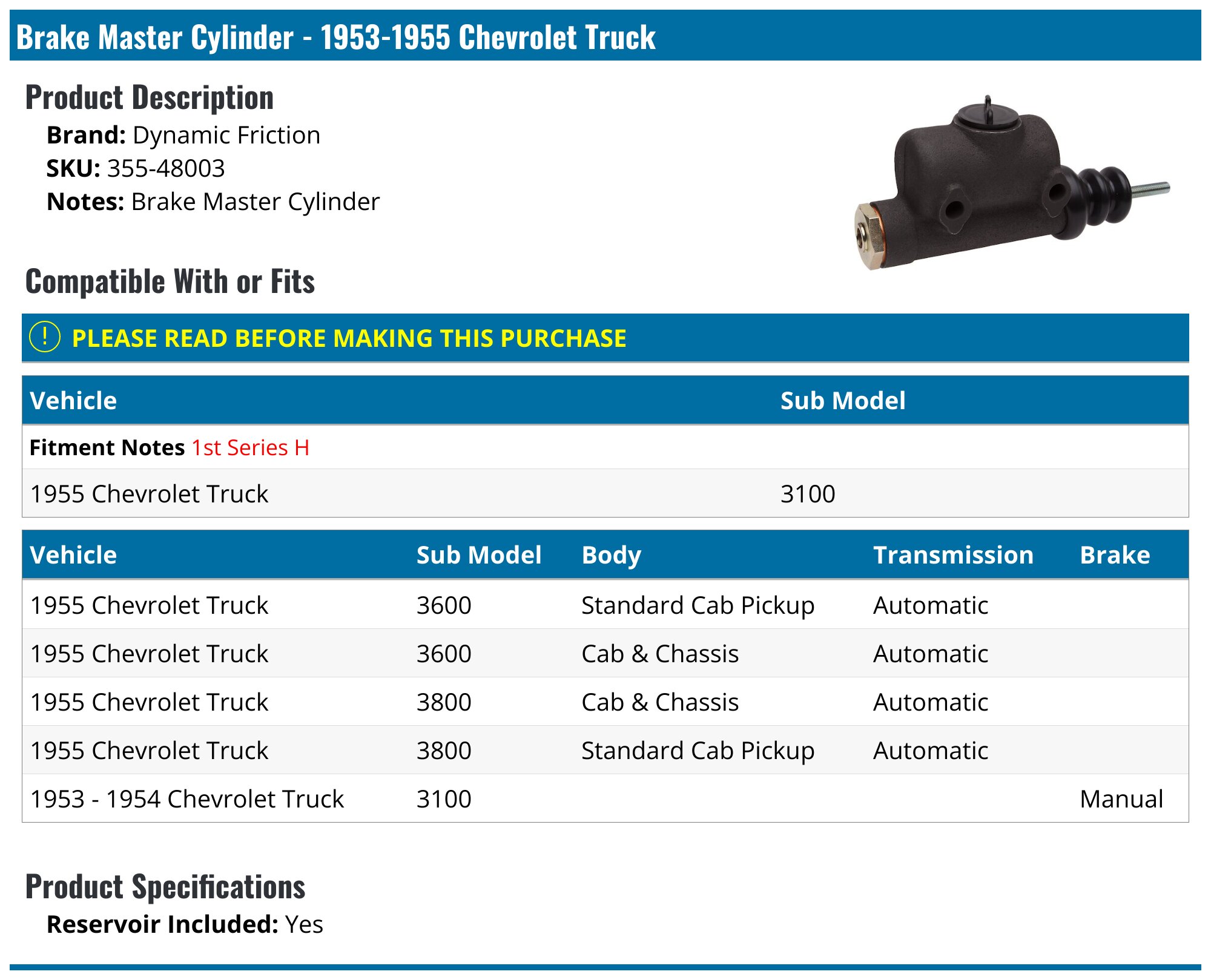Brake Master Cylinder - 1953-1955 Chevrolet Truck - Dynamic Friction 116122-05966859