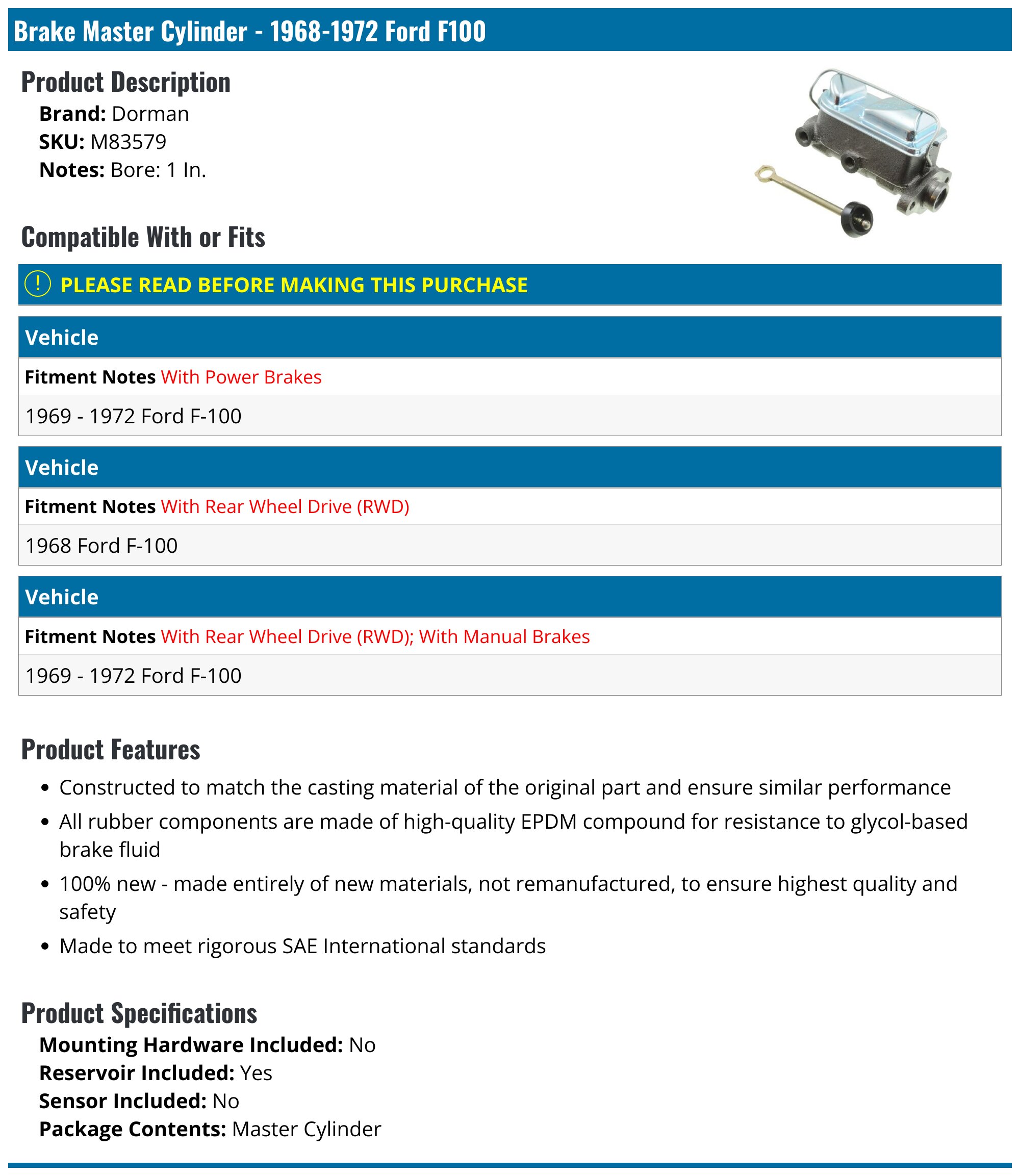 Brake Master Cylinder - 1968-1972 Ford F100 - Dorman 138274-07019980