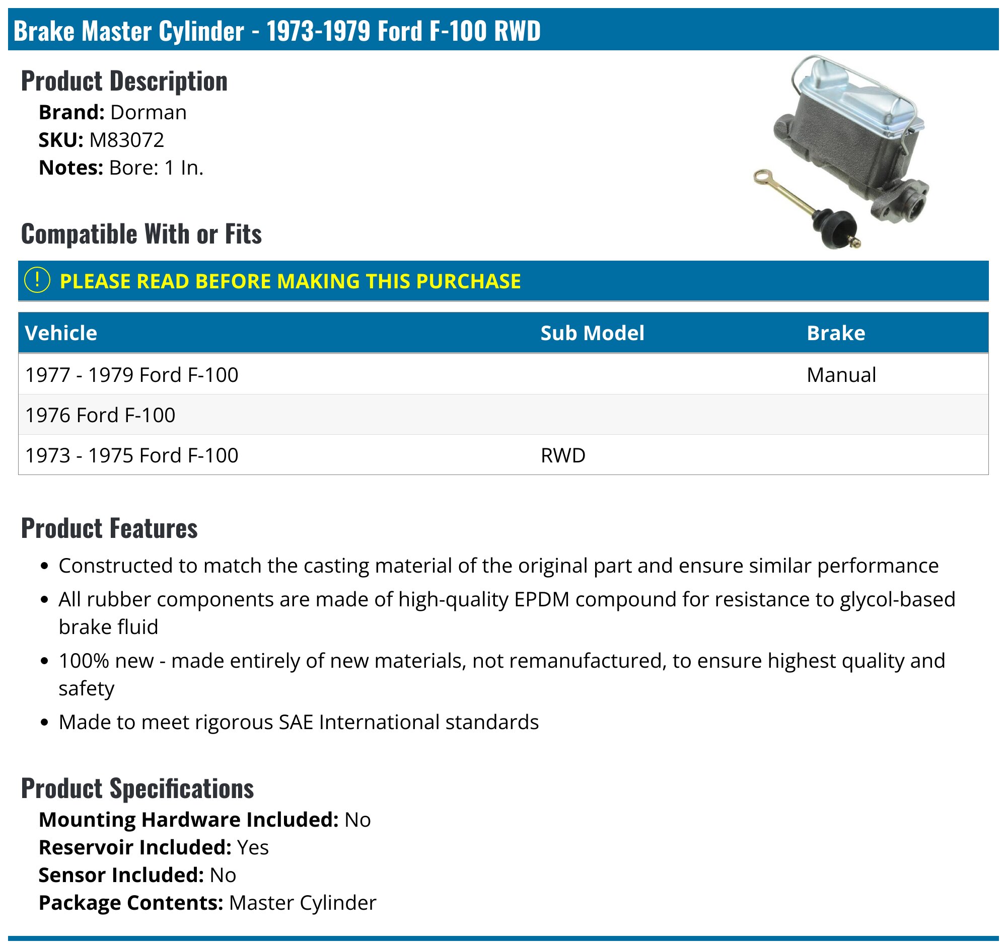 Brake Master Cylinder - 1973-1979 Ford F-100 RWD - Dorman 138279-07019978