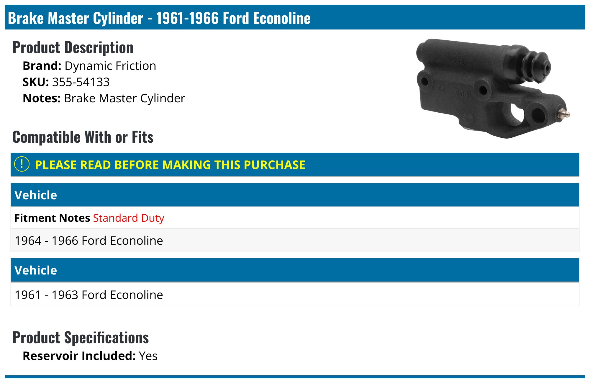 Brake Master Cylinder - 1961-1966 Ford Econoline - Dynamic Friction 118262-05966987