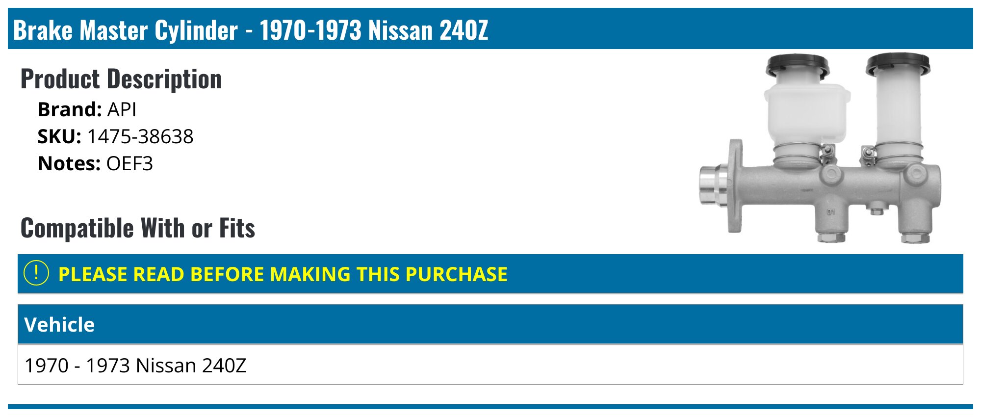Brake Master Cylinder - 1970-1973 Nissan 240Z - API 16438-02612661
