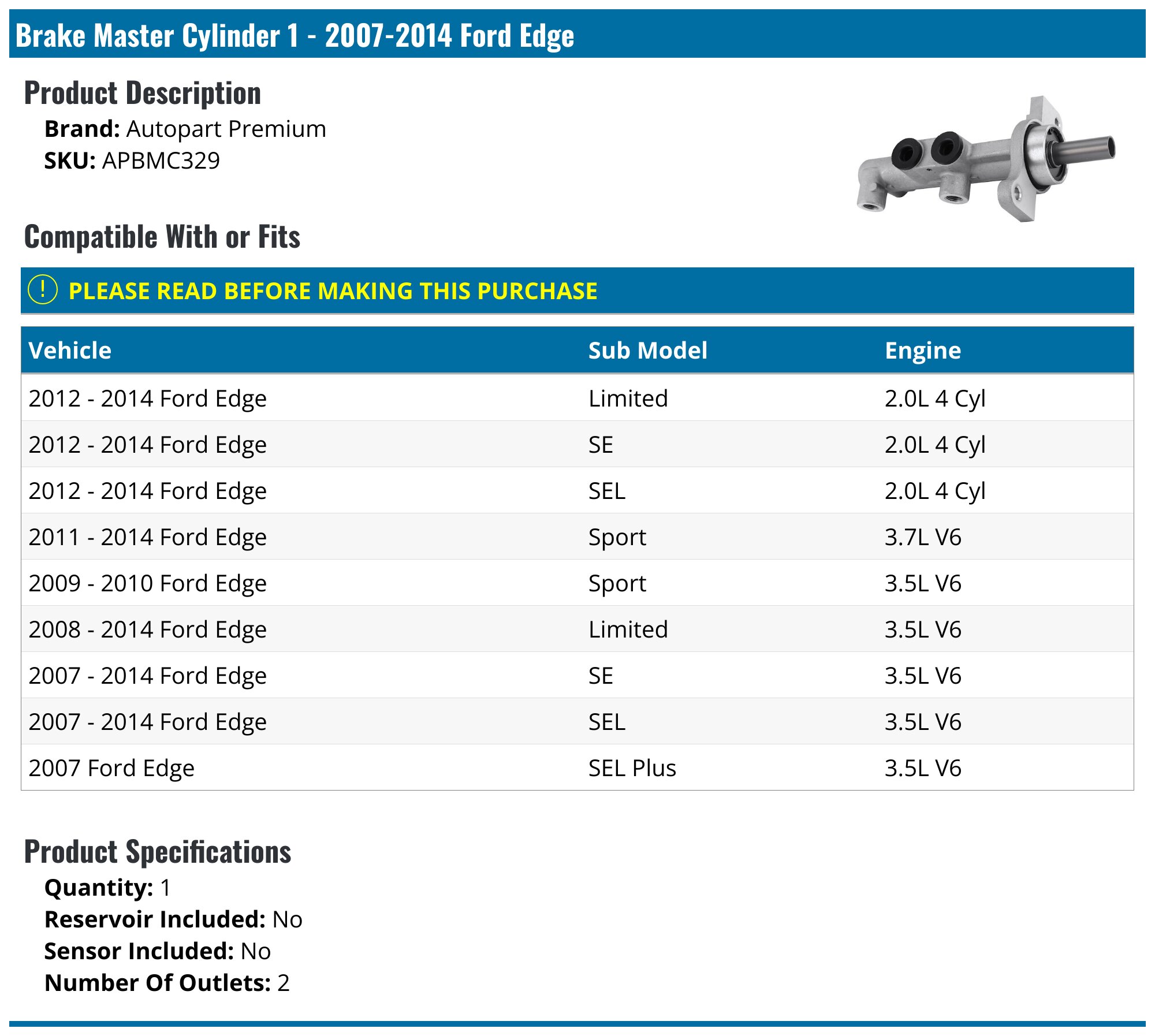 Brake Master Cylinder - 2007-2014 Ford Edge - Autopart Premium 24000-02419877
