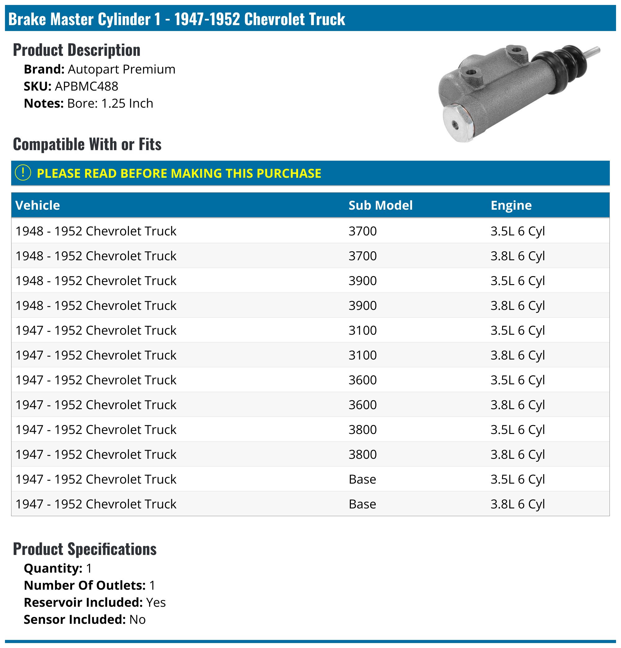 Brake Master Cylinder - 1947-1952 Chevrolet Truck - Autopart Premium 115570-02877403
