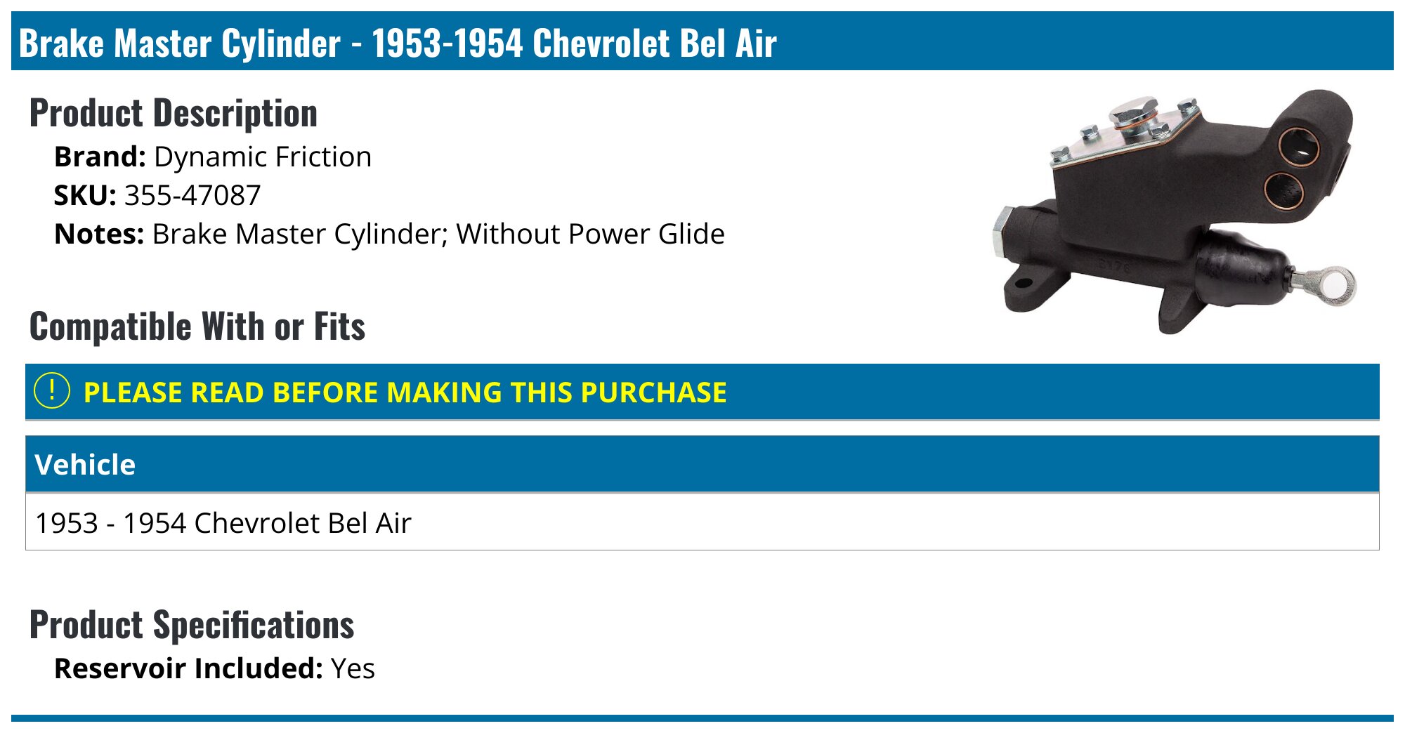 Brake Master Cylinder - 1953-1954 Chevrolet Bel Air (without Power Glide) - Dynamic Friction 13917-05966758