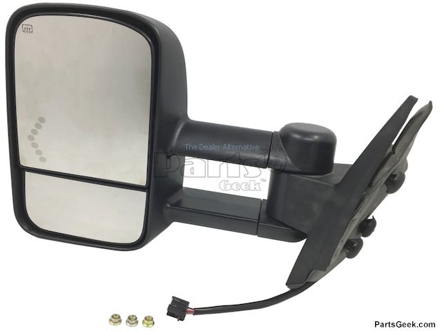 Left Driver Side Power Mirror - Manual Telescopic Trailer Tow Mirror, with Heated Glass, Turn Signal, Manual Folding - Black Textured - 2007-2014 Chevrolet Silverado 2500 HD - Replacement 19010-02739102