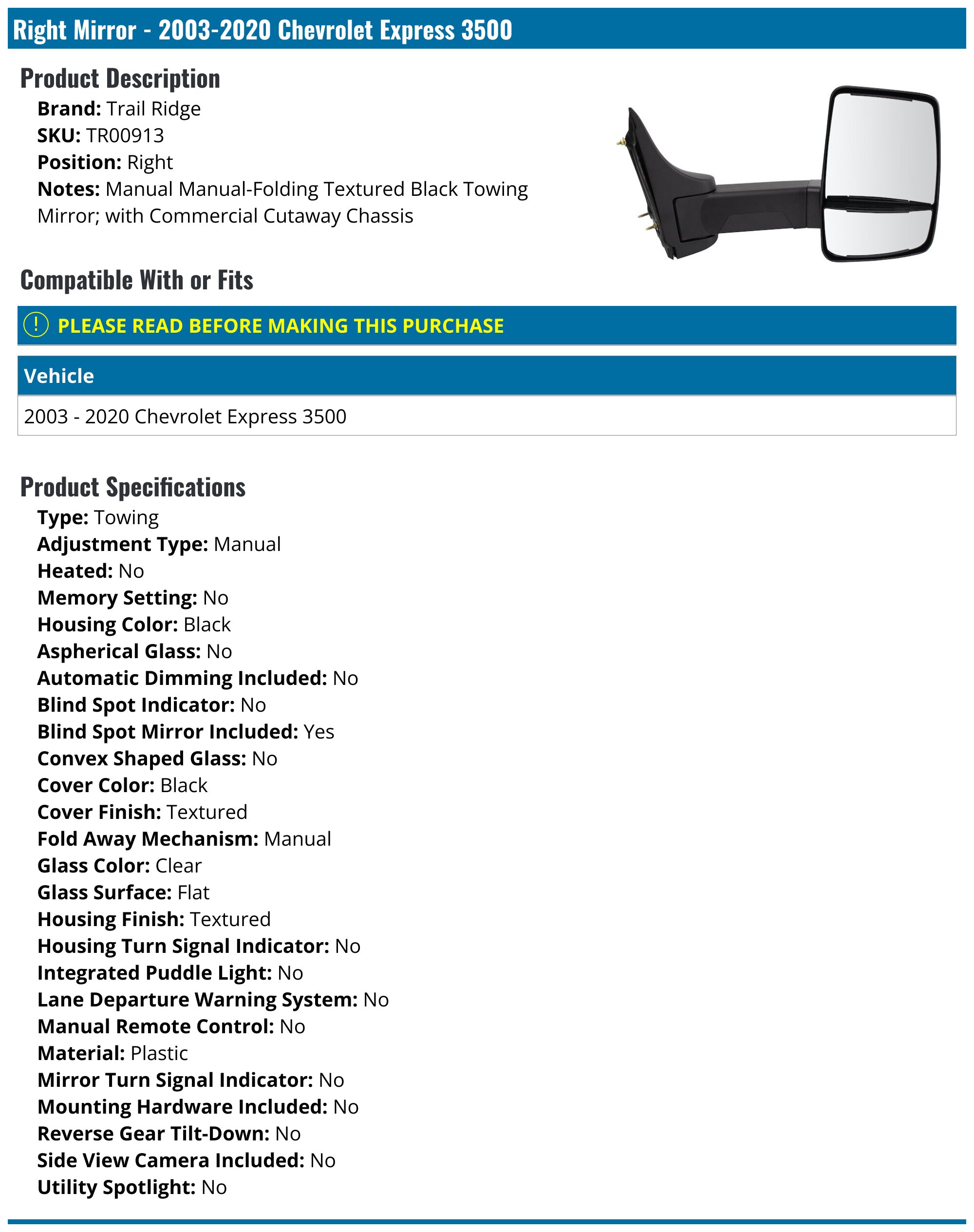 Right Passenger Side Door Towing Mirror Manual Fold Away - 2003-2025 Chevrolet Express 3500 (with Commercial Cutaway Chassis) - Trail Ridge 3264-02799788