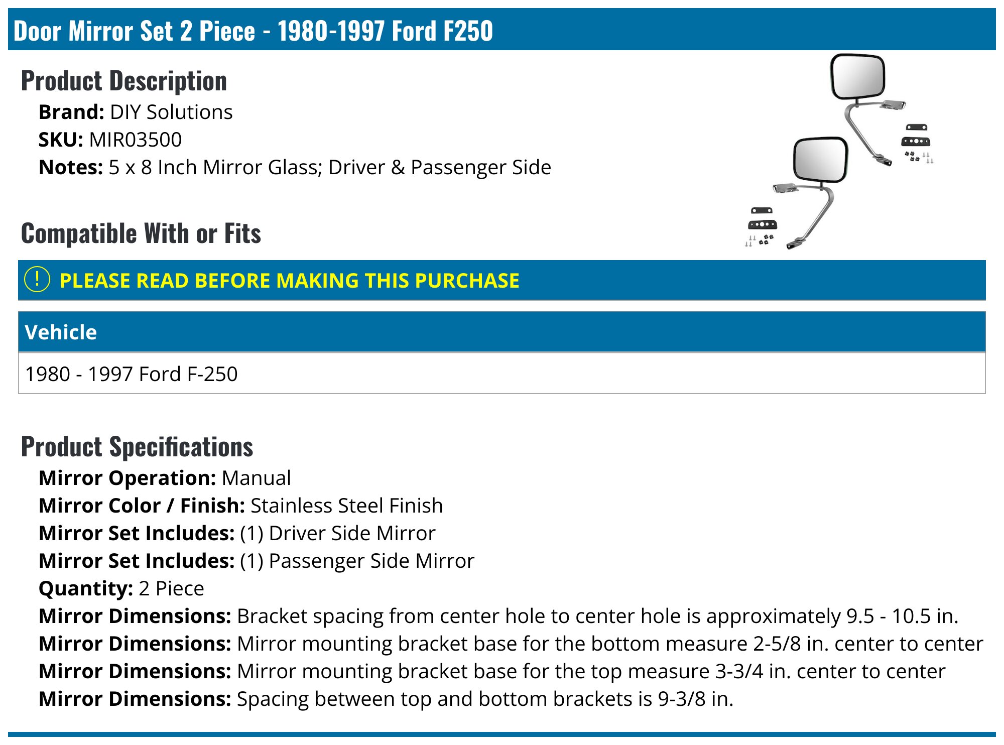 Door Mirror Set 2 Piece - 1980-1997 Ford F250 - DIY Solutions 5324-07816926