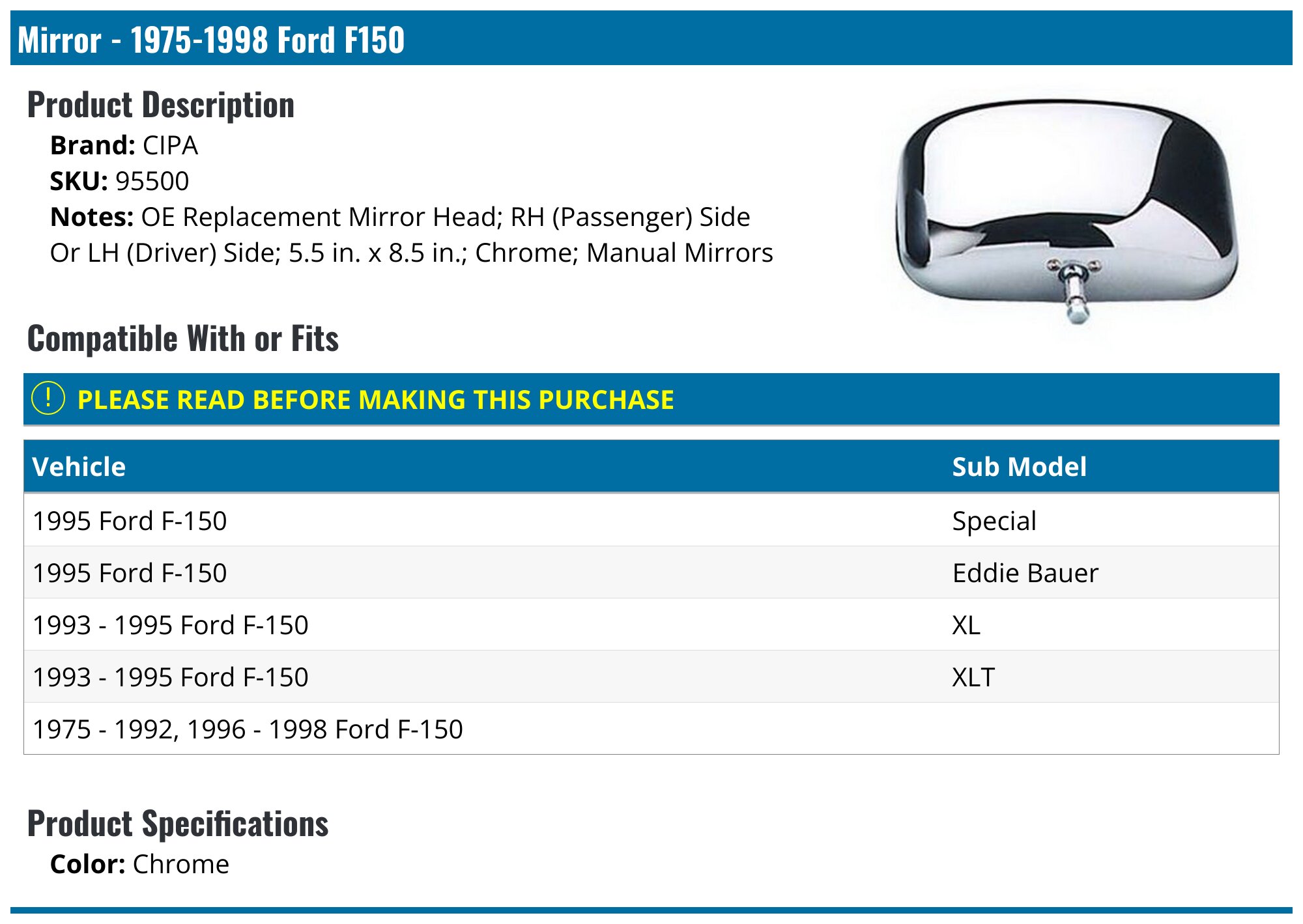Mirror - 1975-1998 Ford F150 - CIPA 5294-03008326