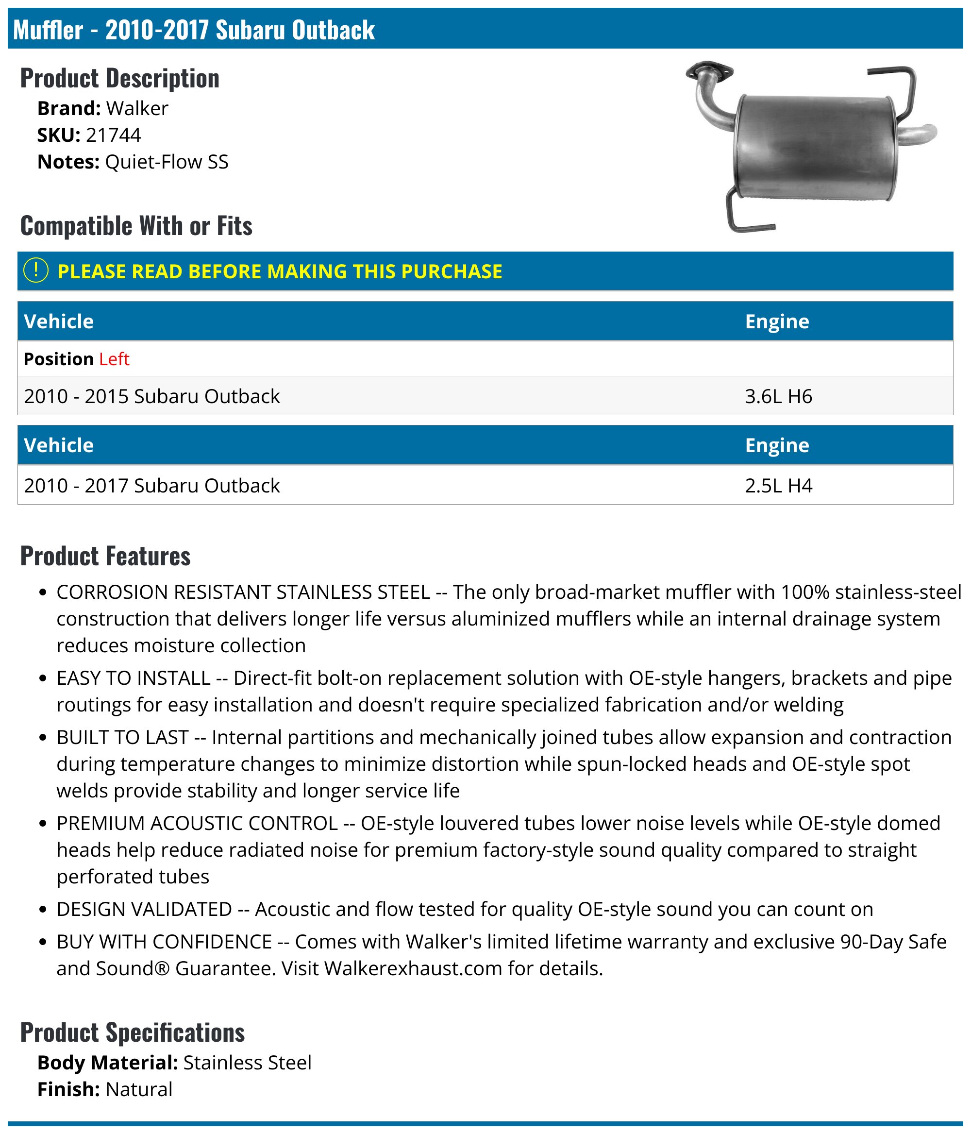 Muffler - 2010-2019 Subaru Outback - Walker 96048-05612791