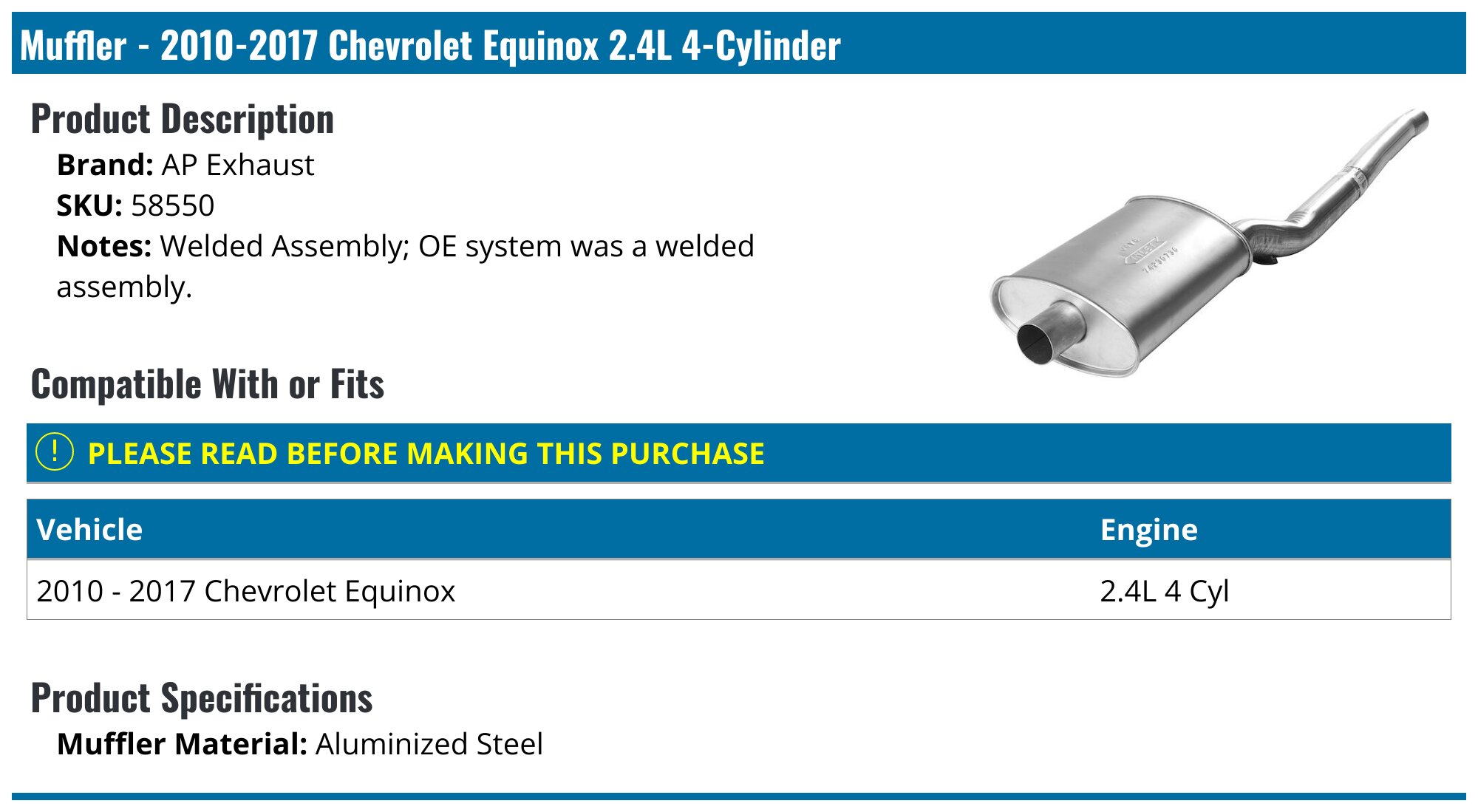 Muffler - 2010-2017 Chevrolet Equinox 2.4L 4-Cylinder - AP Exhaust 30482-05937858