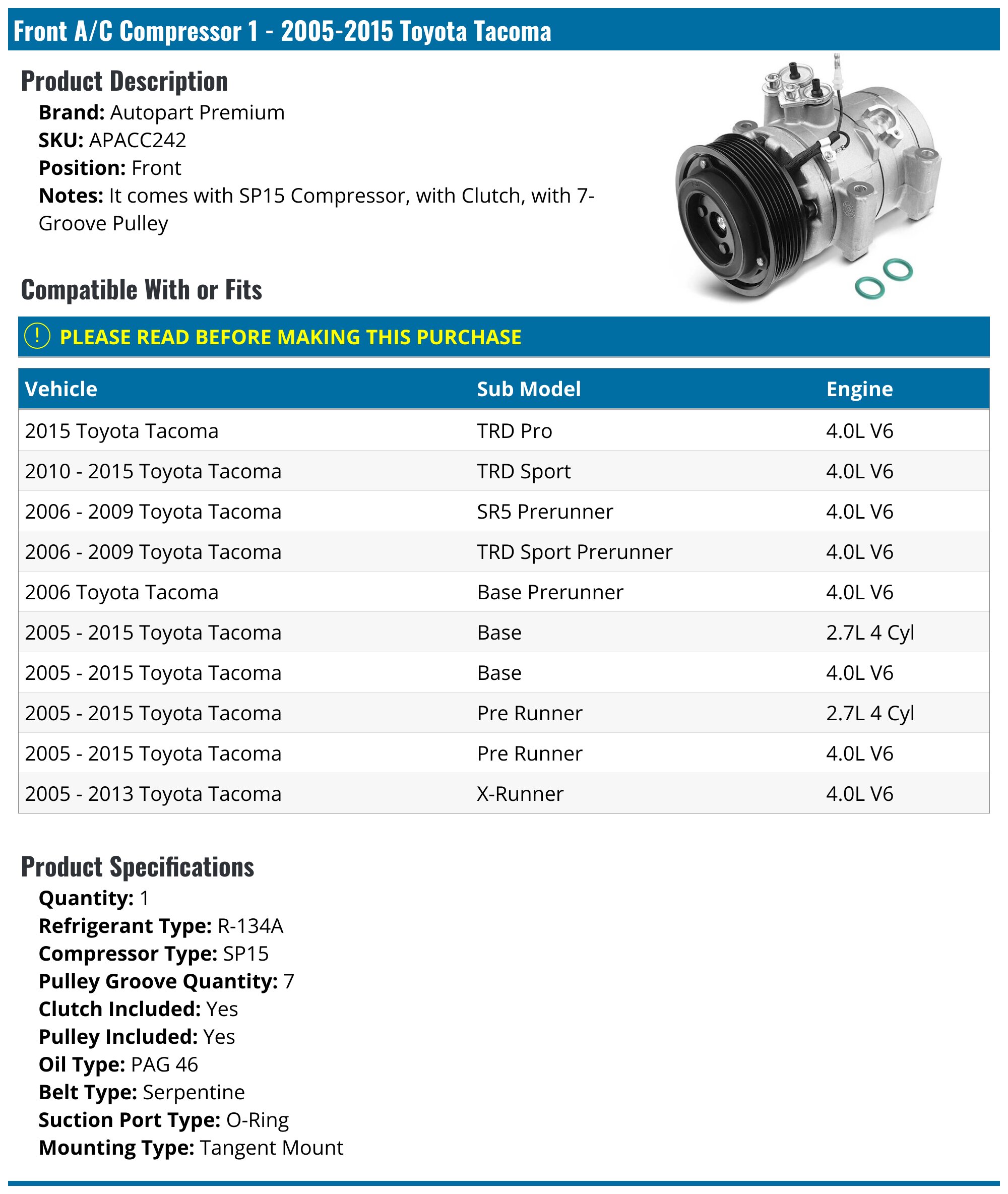 Front A/C Compressor - 2005-2015 Toyota Tacoma - Autopart Premium 18535-02701691
