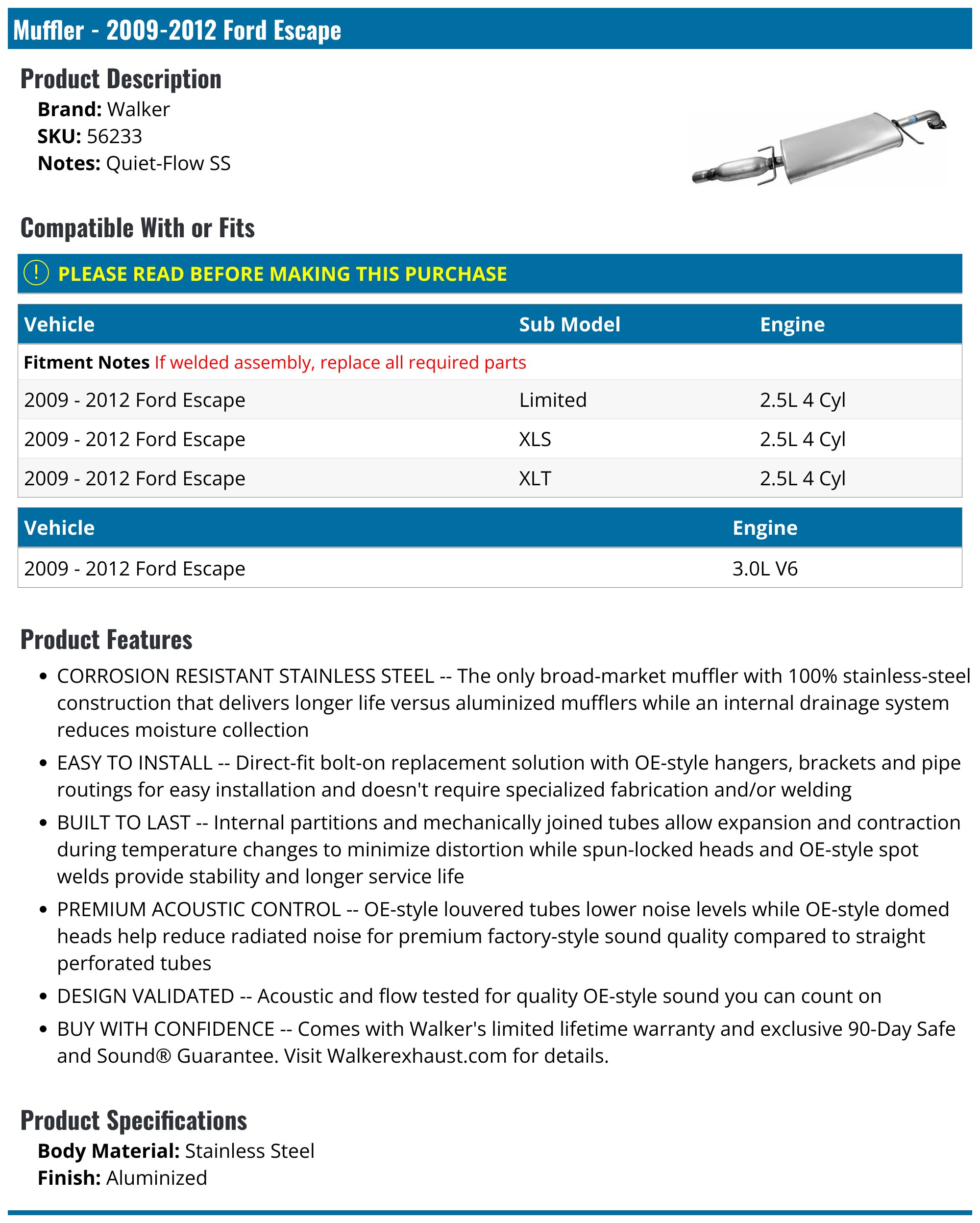 Muffler - 2009-2012 Ford Escape - Walker 30147-05335238