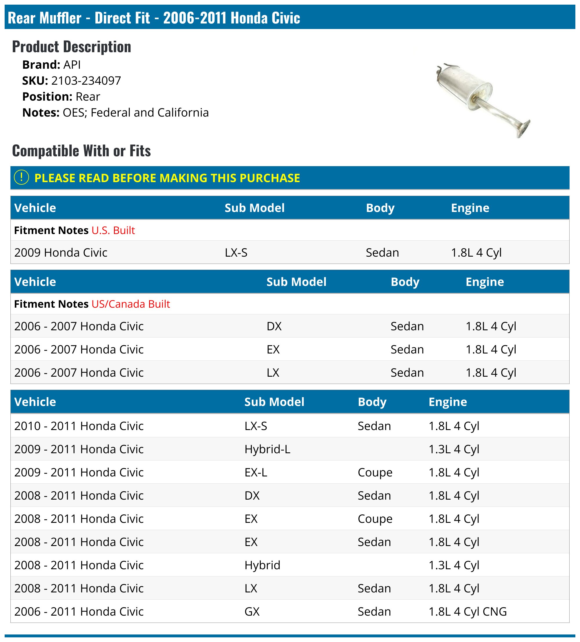 Rear Muffler - Direct Fit - 2006-2011 Honda Civic - API 18780-07765086