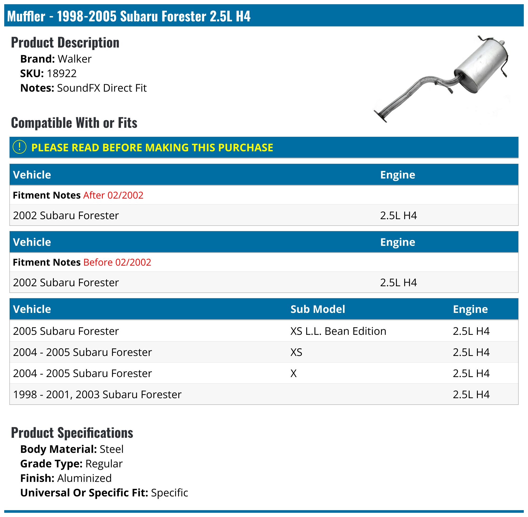 Muffler - 1998-2005 Subaru Forester 2.5L H4 - Walker 345-05191252