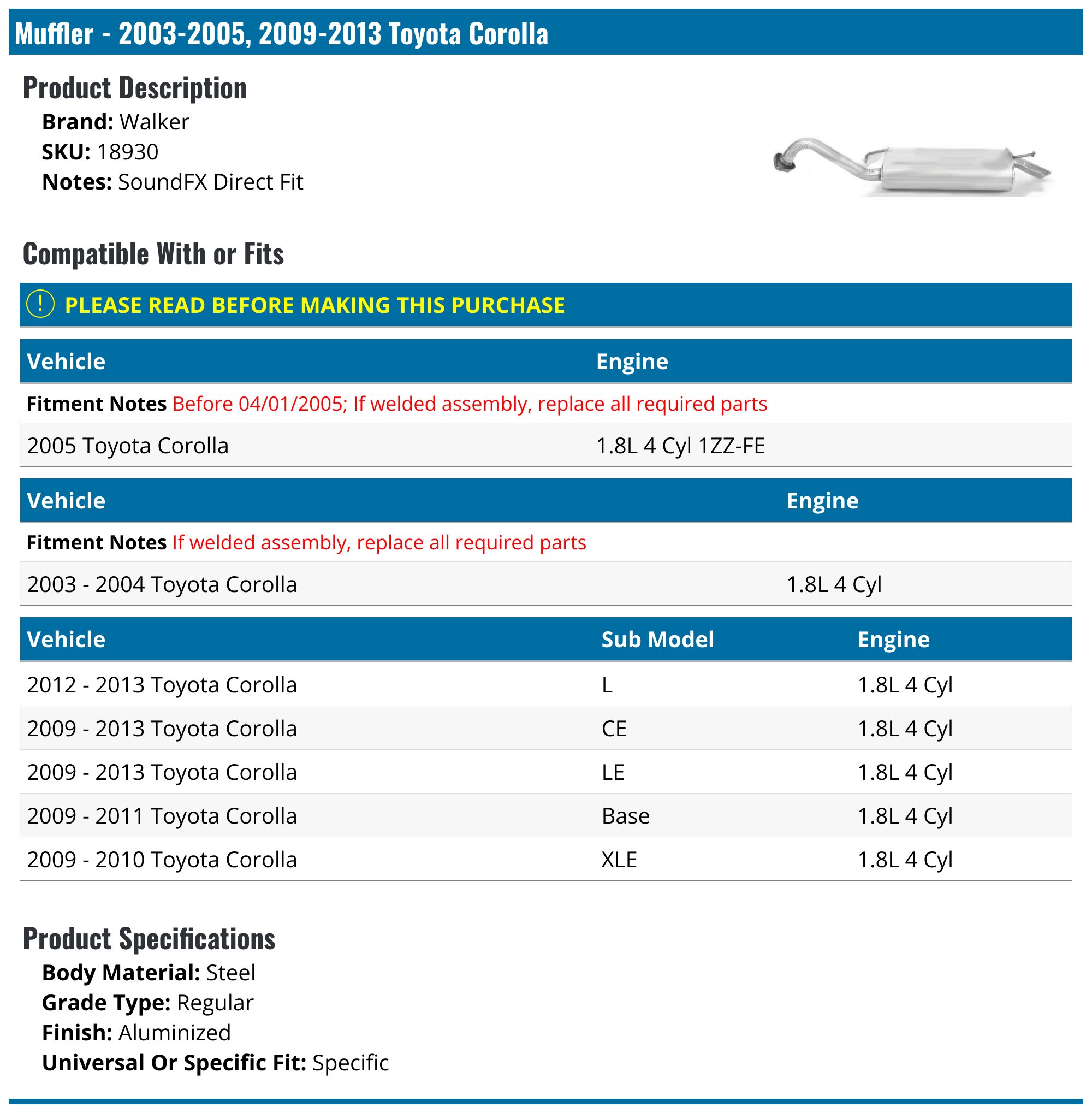 Muffler - 2003-2005, 2009-2013 Toyota Corolla - Walker 8017-05191259