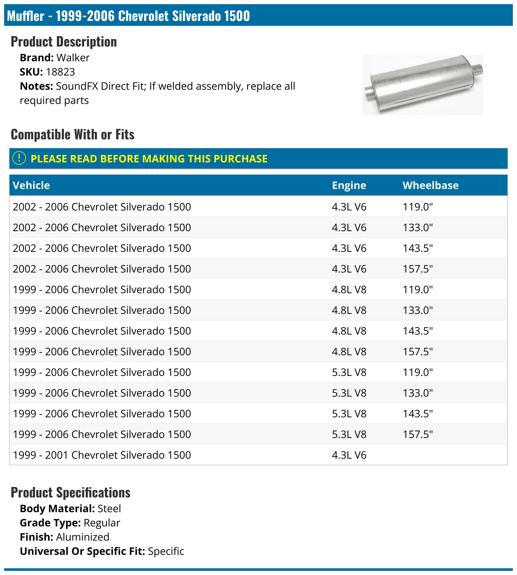 Muffler - 1999-2006 Chevrolet Silverado 1500 - Walker 3691-05074121