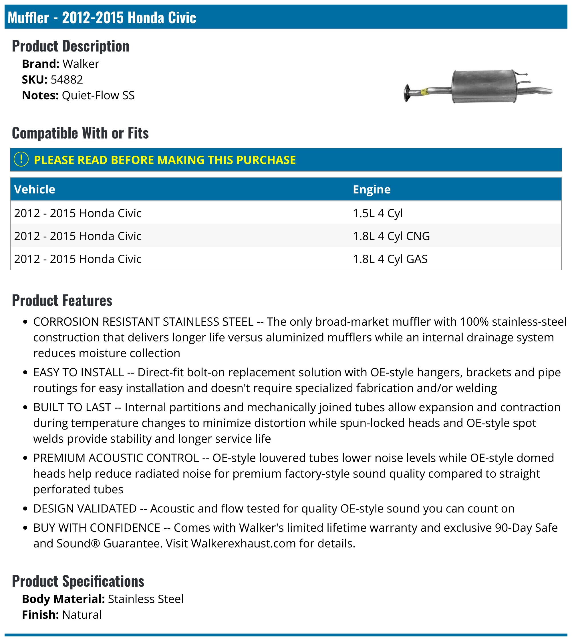 Muffler - 2012-2015 Honda Civic - Walker 118456-05465889