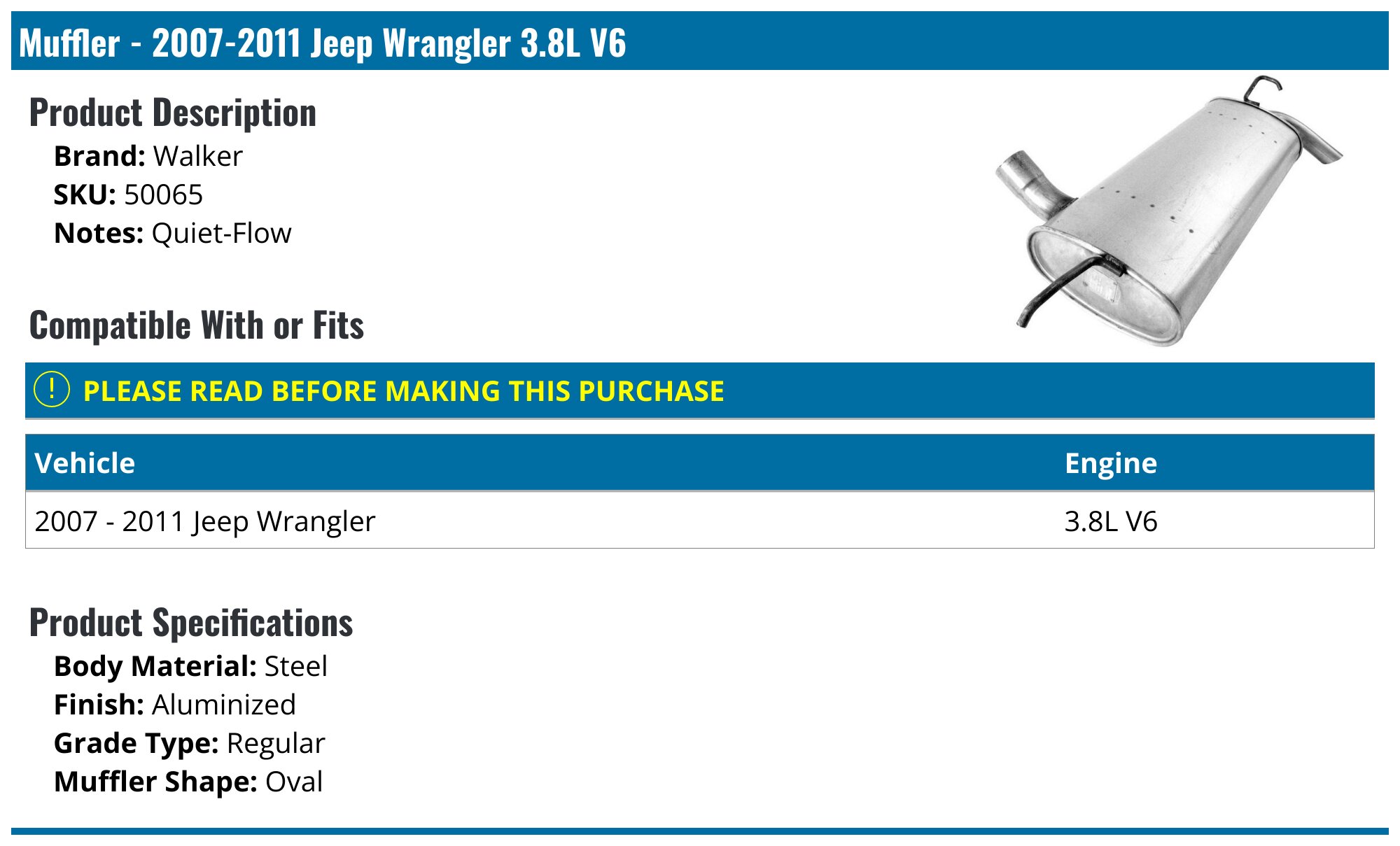 Muffler - 2007-2011 Jeep Wrangler 3.8L V6 - Walker 19132-05268997