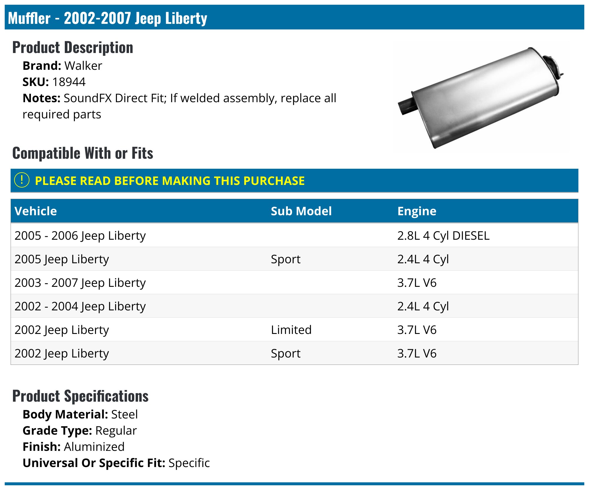 Muffler - 2002-2007 Jeep Liberty - Walker 2292-05333975