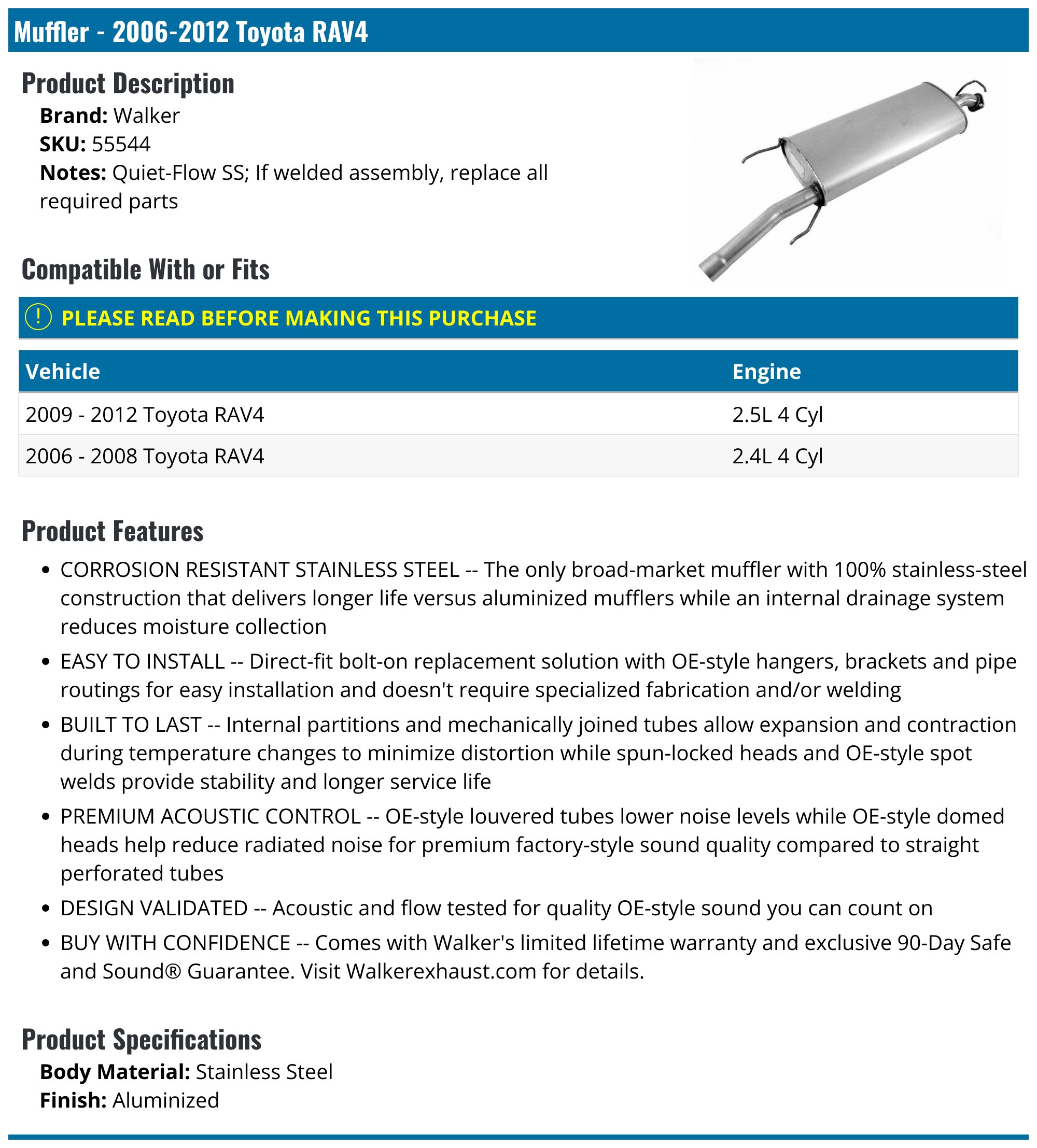 Muffler - 2006-2012 Toyota RAV4 - Walker 18953-05216508