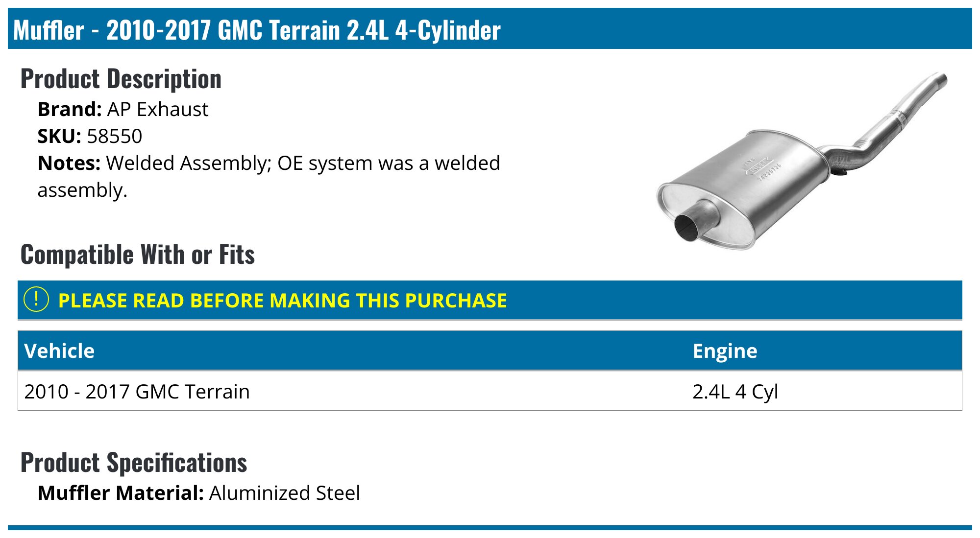 Muffler - 2010-2015 GMC Terrain 2.4L 4-Cylinder - AP Exhaust 30484-05937858