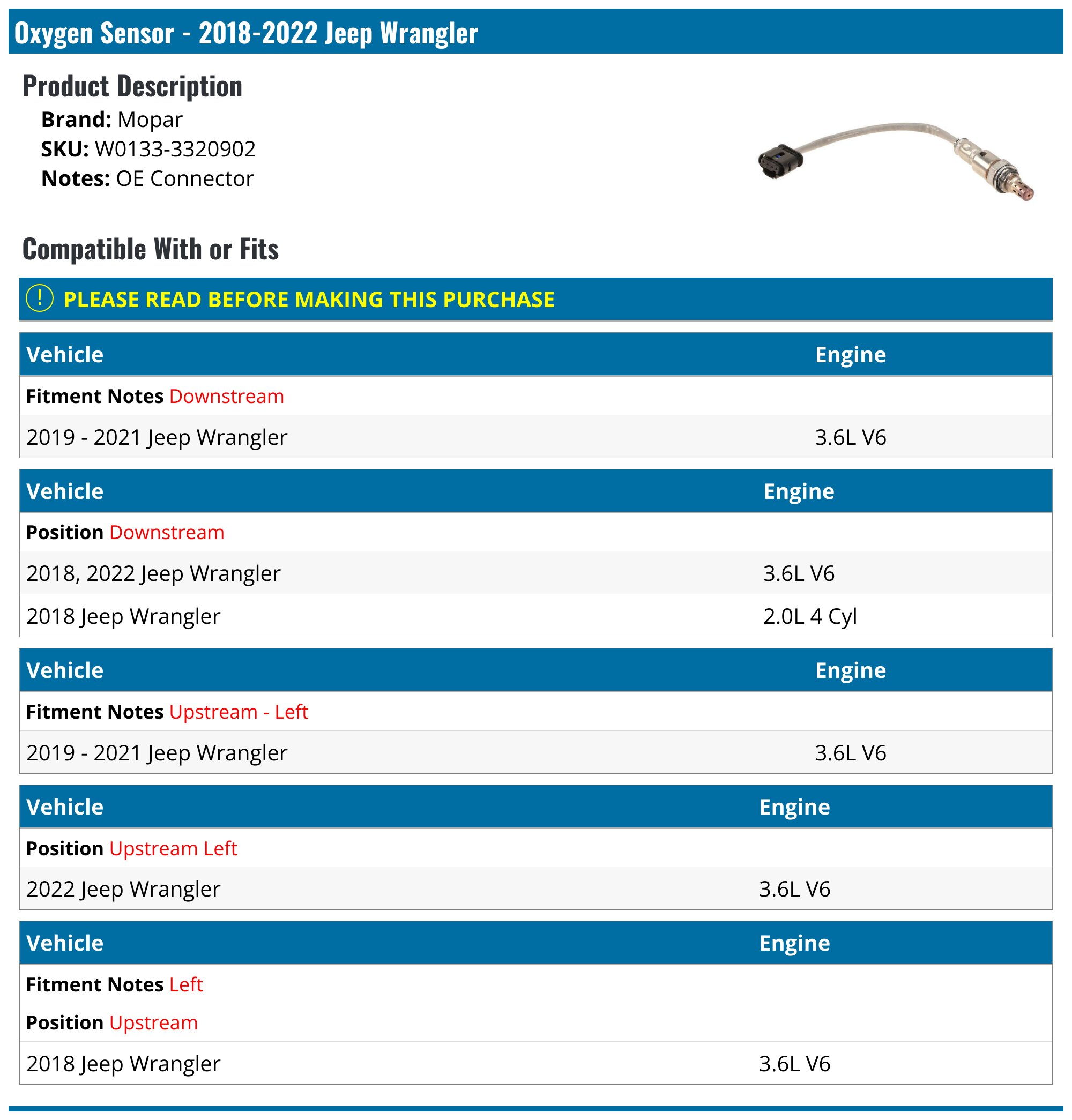 Oxygen Sensor - 2018-2025 Jeep Wrangler - Mopar W0133-3320902