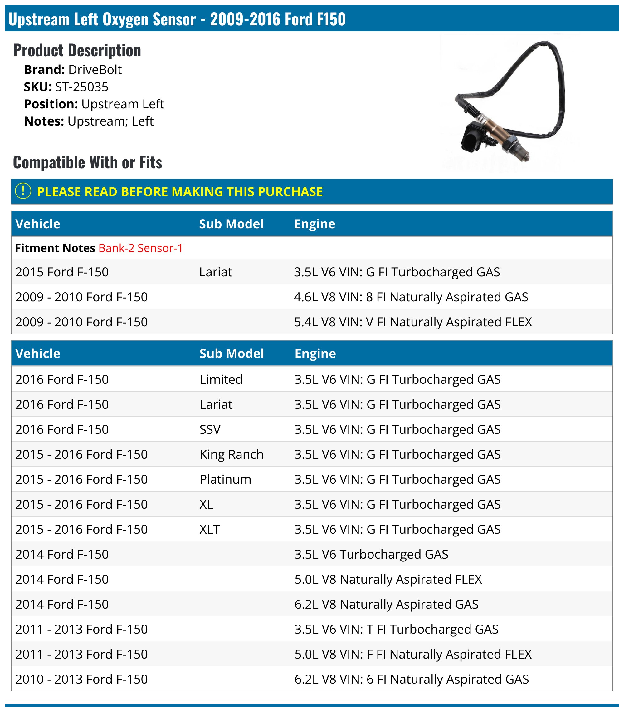 Upstream Left Driver Side Oxygen Sensor - 2009-2016 Ford F-150 - DriveBolt 30322-02950005