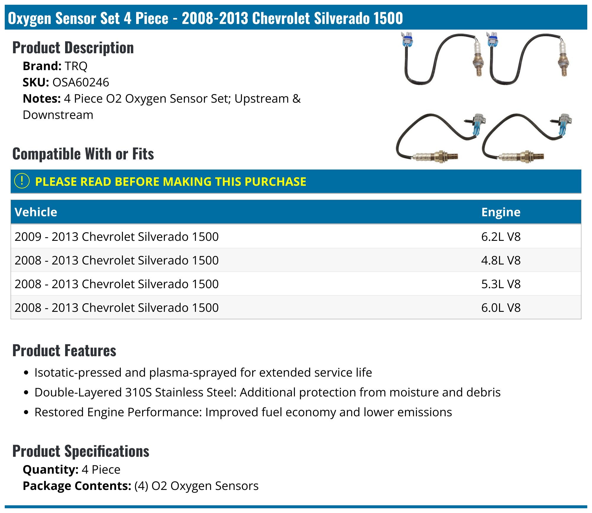 Oxygen Sensor Set 4 Piece - 2008-2013 Chevrolet Silverado 1500 - TRQ 28775-02200154