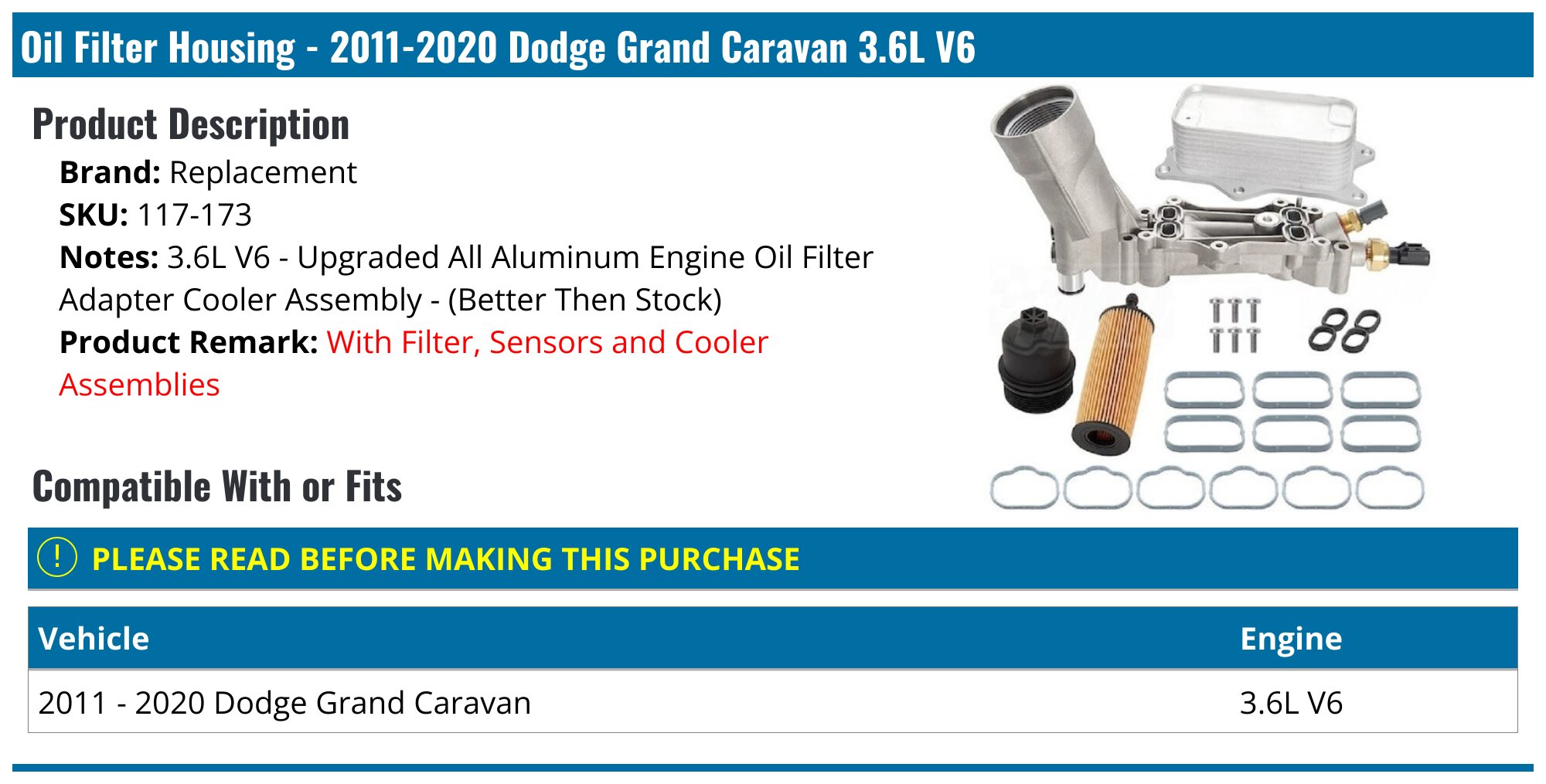 Oil Filter Housing - Aluminum - 2011-2020 Dodge Grand Caravan 3.6L V6 - Replacement 96949-02480812