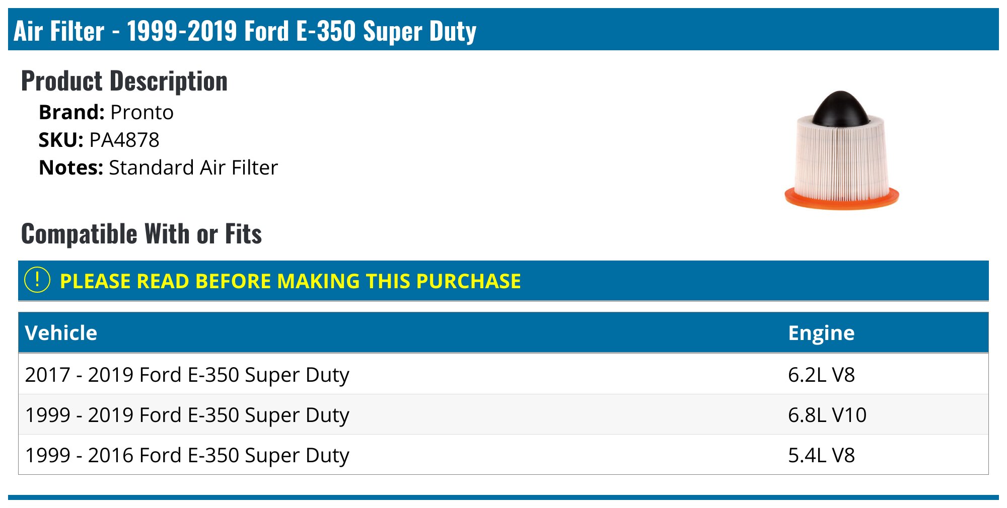 Air Filter - 1999-2019 Ford E-350 Super Duty - Pronto 137342-05346401