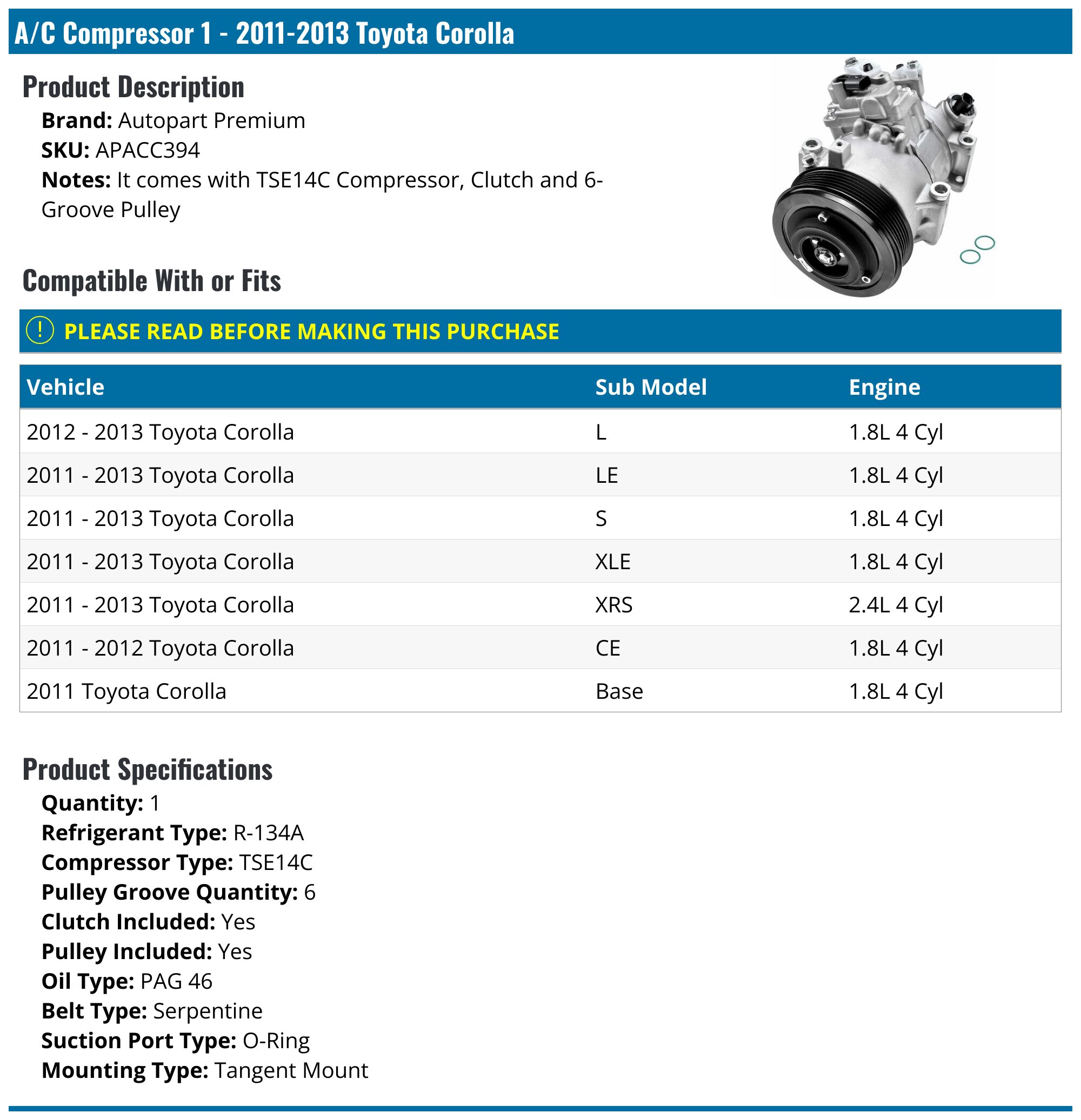 A/C Compressor - 2011-2013 Toyota Corolla - Autopart Premium 96969-02794519
