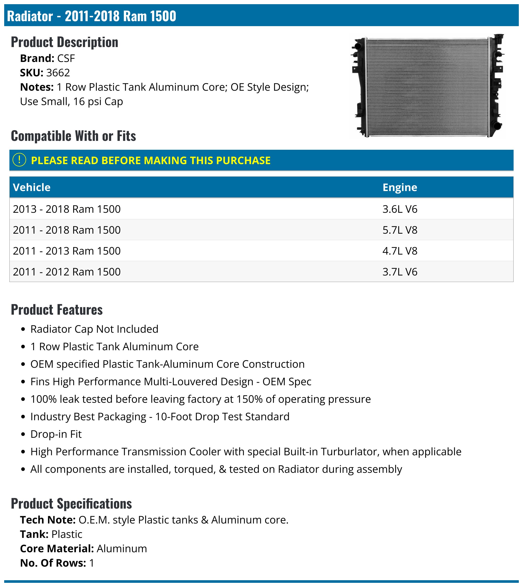 Radiator - 2011-2018 Ram 1500 - CSF 97149-05587215