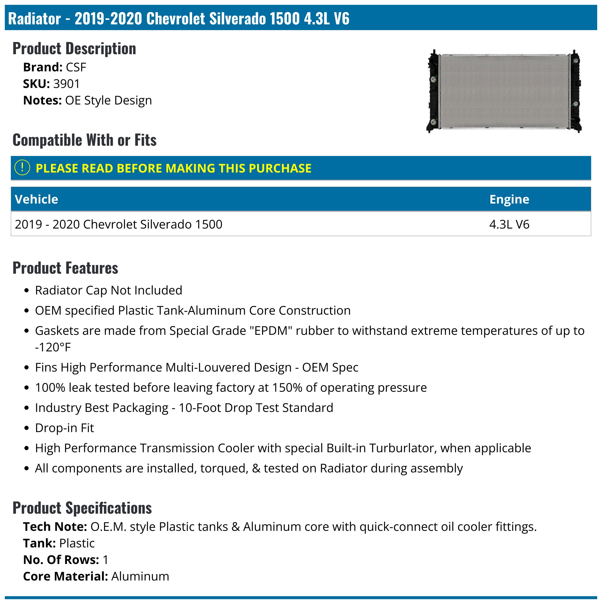 Radiator - 2019-2020 Chevrolet Silverado 1500 4.3L V6 - CSF 146464-05985459