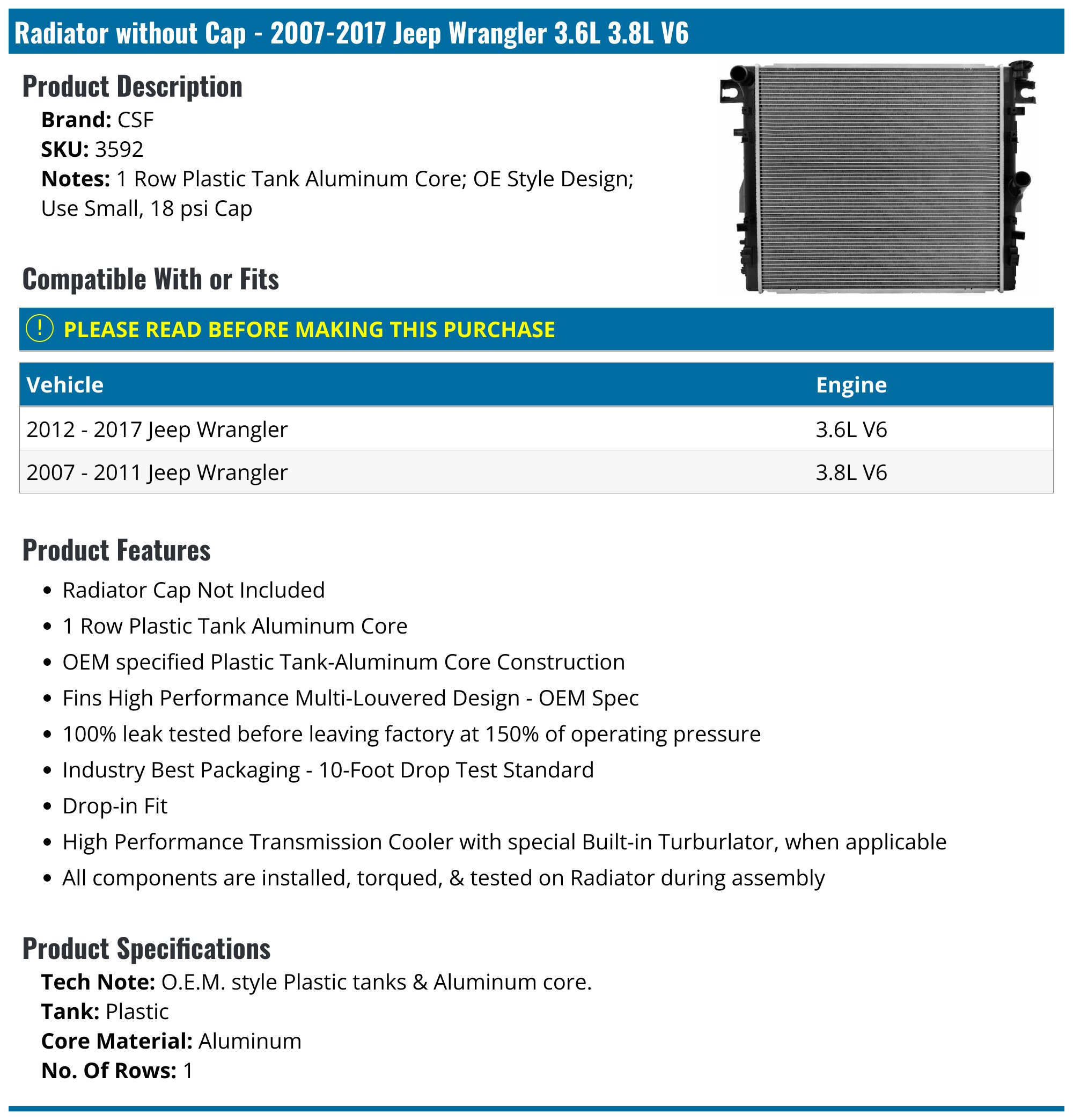 Radiator without Cap - 2007-2017 Jeep Wrangler 3.6L 3.8L V6 - CSF 19132-05615776