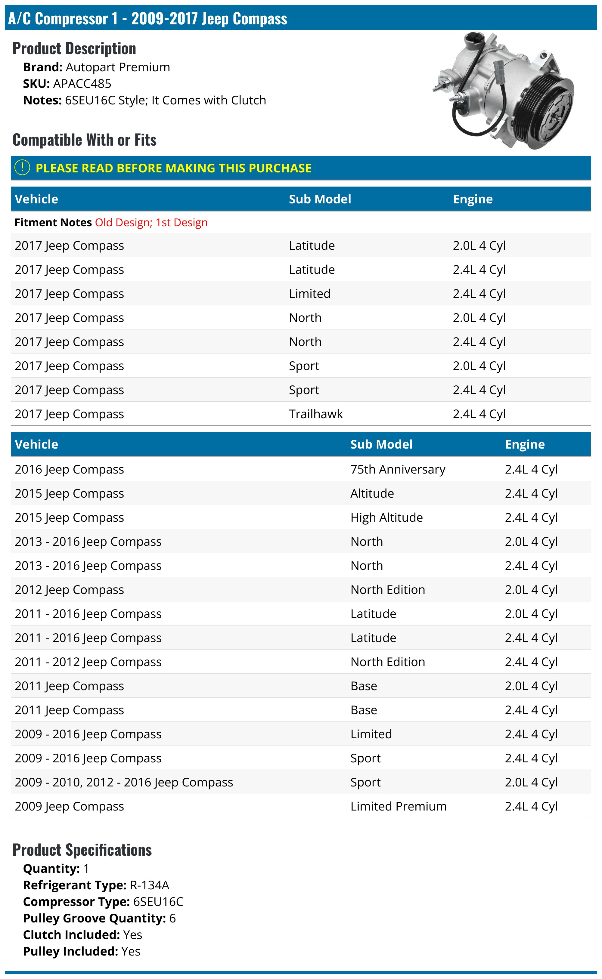 A/C Compressor - 2009-2017 Jeep Compass - Autopart Premium 30276-02964804