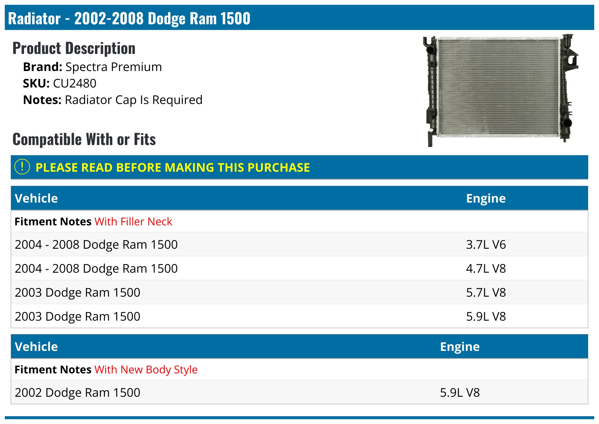 Radiator - 2002-2008 Dodge Ram 1500 - Spectra Premium 1972-05296275