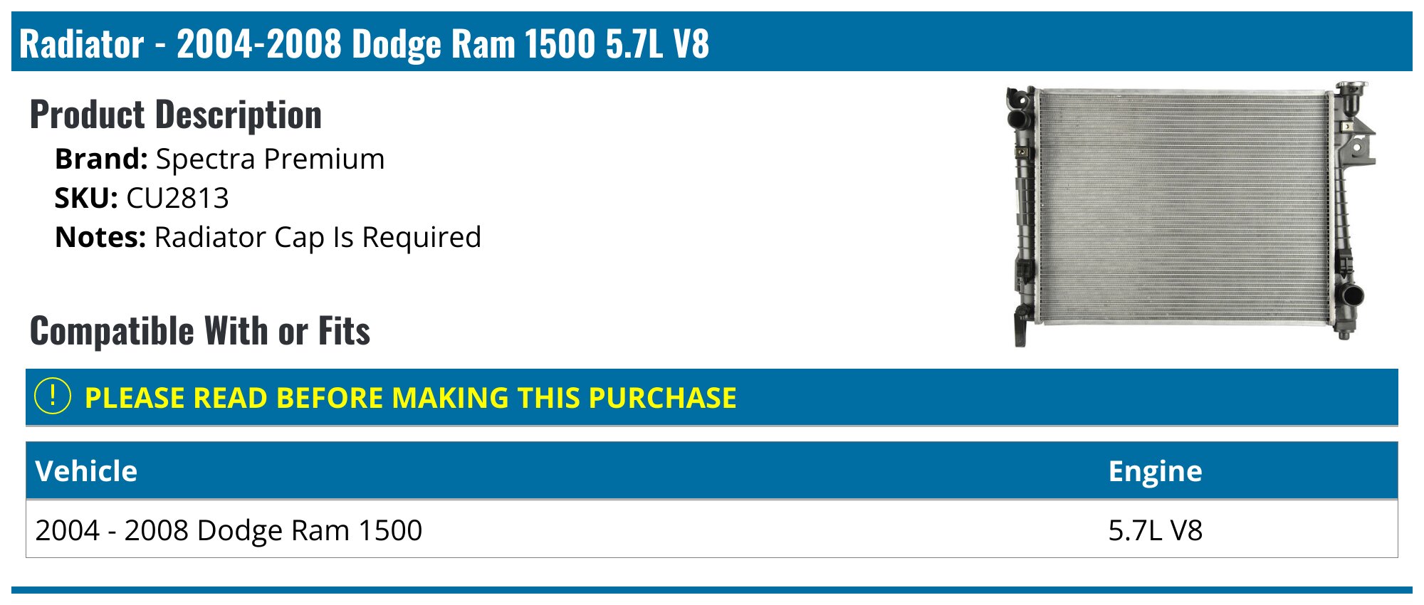 Radiator - 2004-2008 Dodge Ram 1500 5.7L V8 - Spectra Premium 17861-05296394