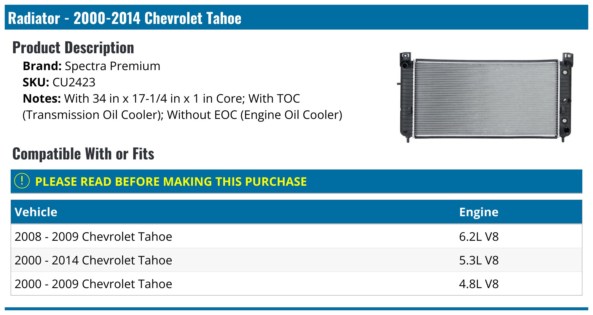 Radiator - 2000-2014 Chevrolet Tahoe - Spectra Premium 3731-05296246