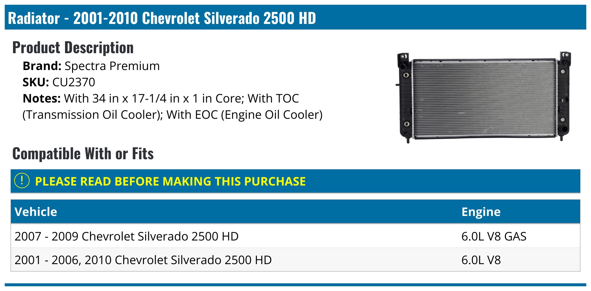 Radiator - 2001-2010 Chevrolet Silverado 2500 HD - Spectra Premium 3704-05296224