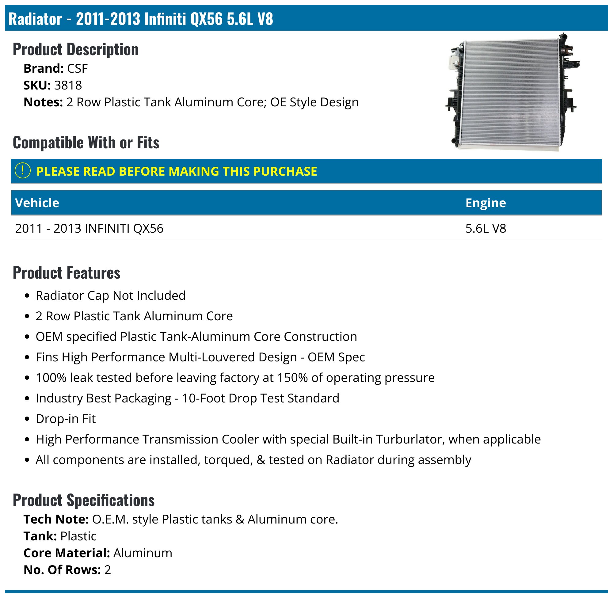 Radiator - 2011-2013 Infiniti QX56 5.6L V8 - CSF 96709-05923152