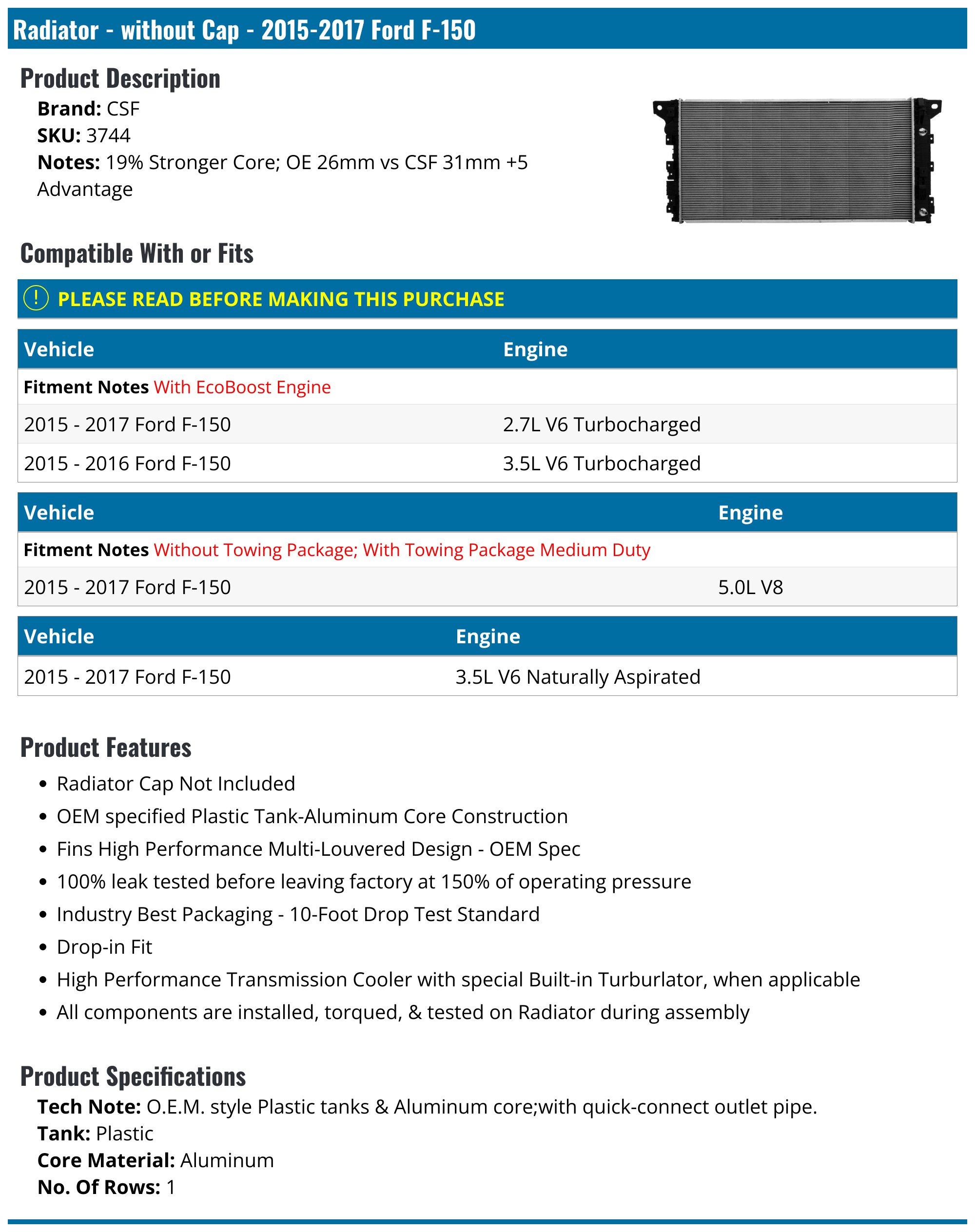 Radiator - without Cap - 2015-2017 Ford F-150 - CSF 129927-05725580