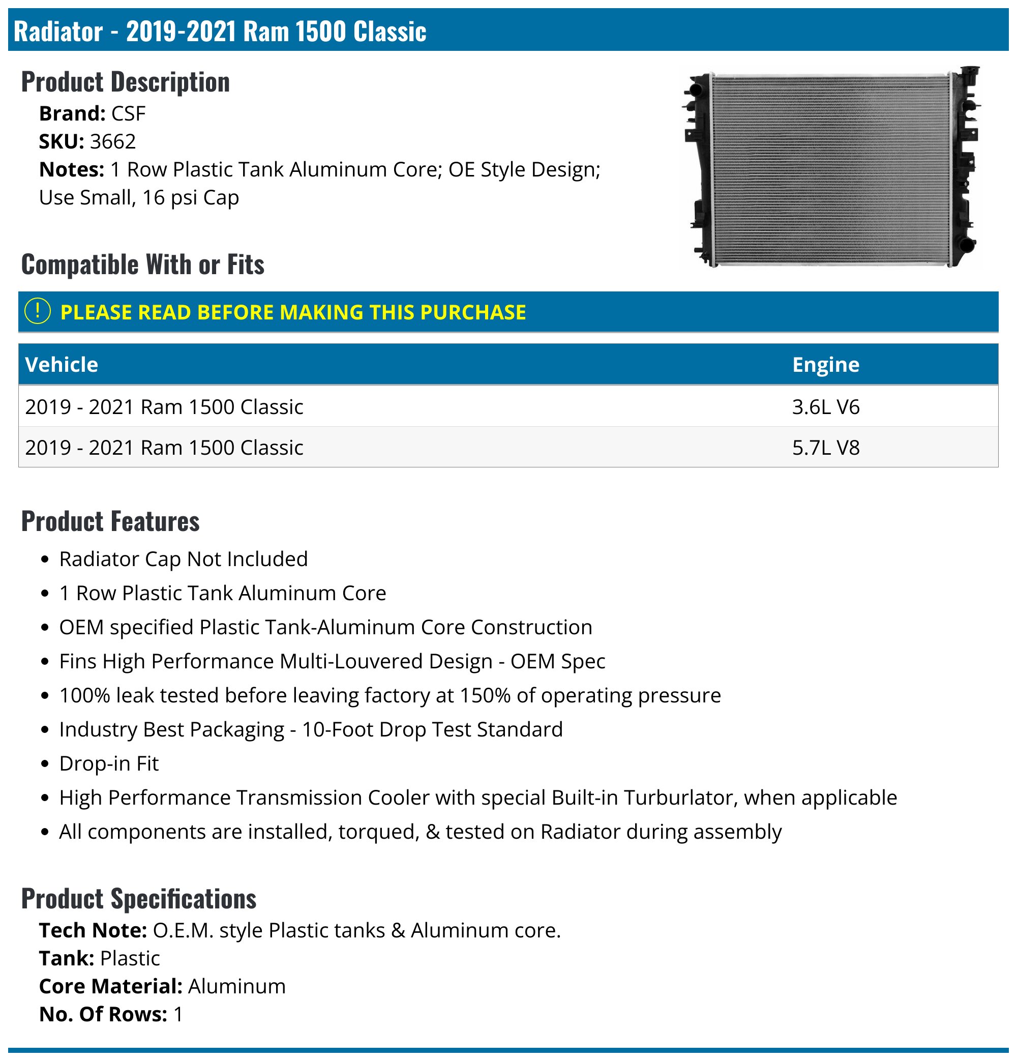 Radiator - 2019-2021 Ram 1500 Classic - CSF 147728-05587215