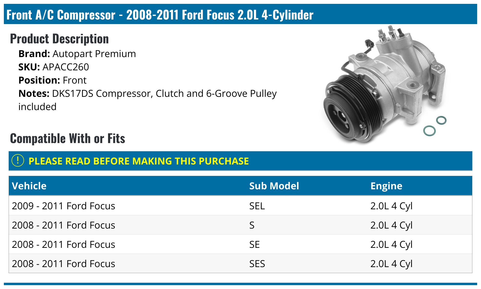 A/C Compressor - 2008-2011 Ford Focus 2.0L 4-Cylinder - Autopart Premium 28812-02862016