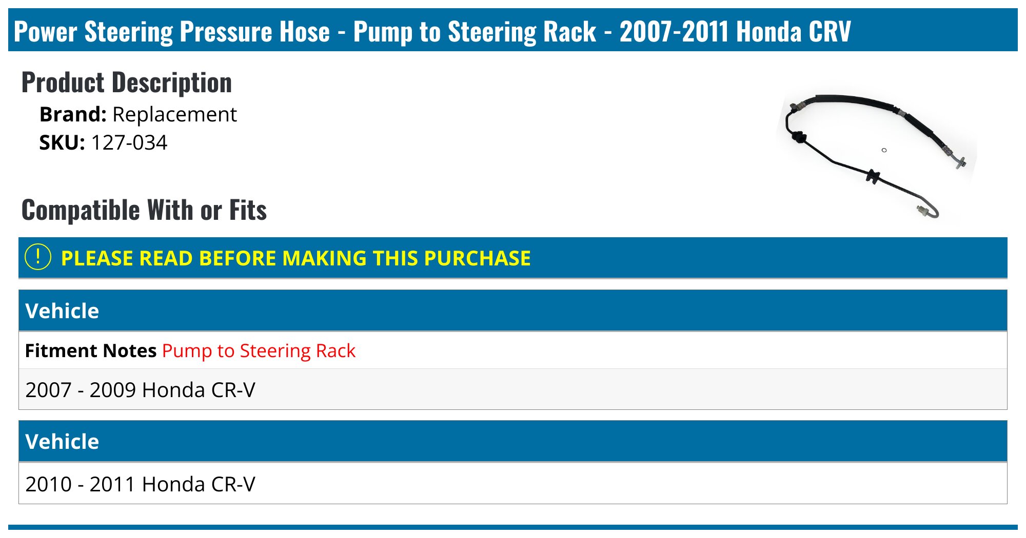 Power Steering Pressure Hose - Pump to Steering Rack - 2007-2011 Honda CRV - Replacement 24010-02736738
