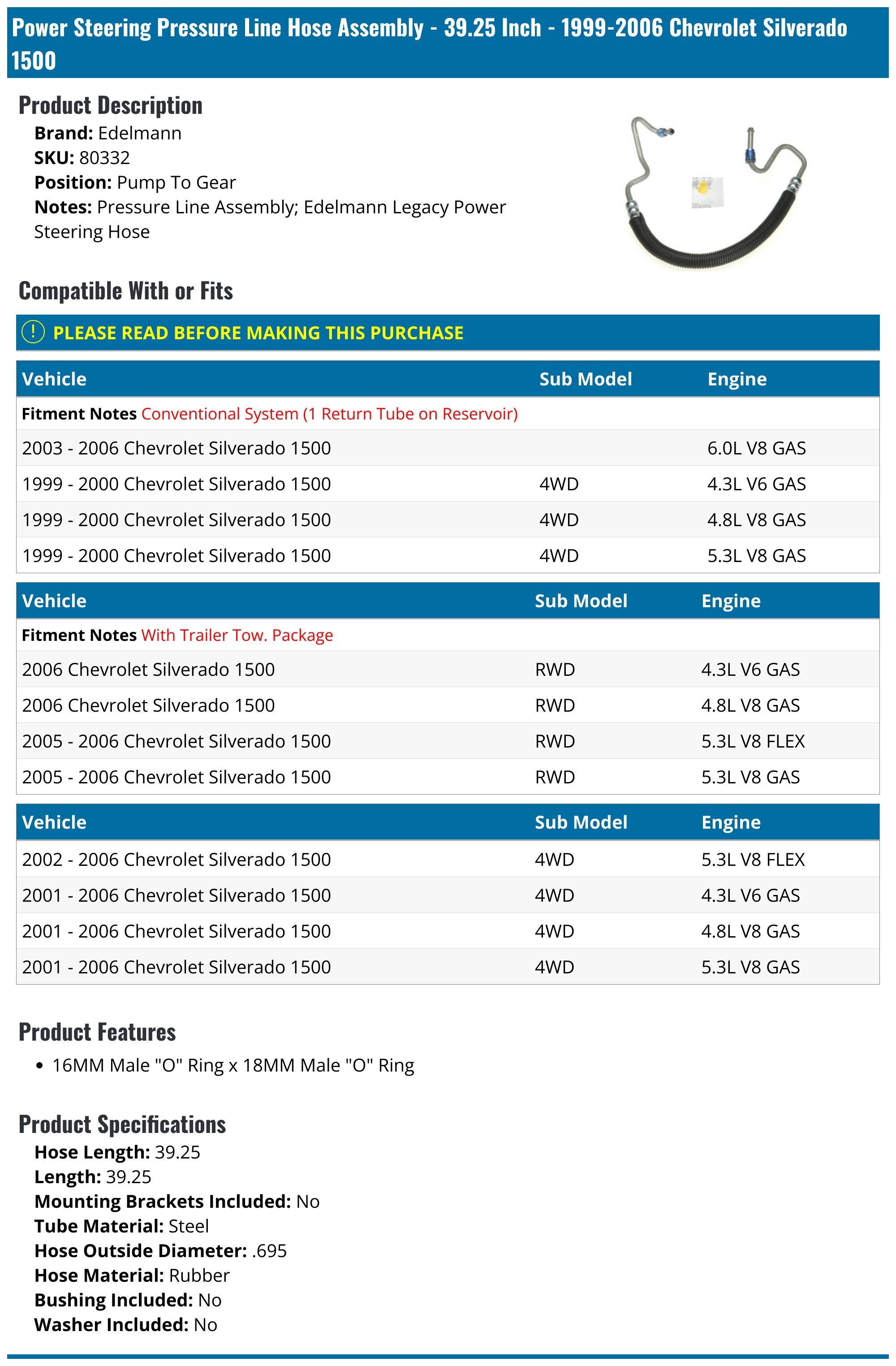 Power Steering Pressure Line Hose Assembly - 39.25 Inch - 1999-2006 Chevrolet Silverado 1500 - Edelmann 3691-07232128