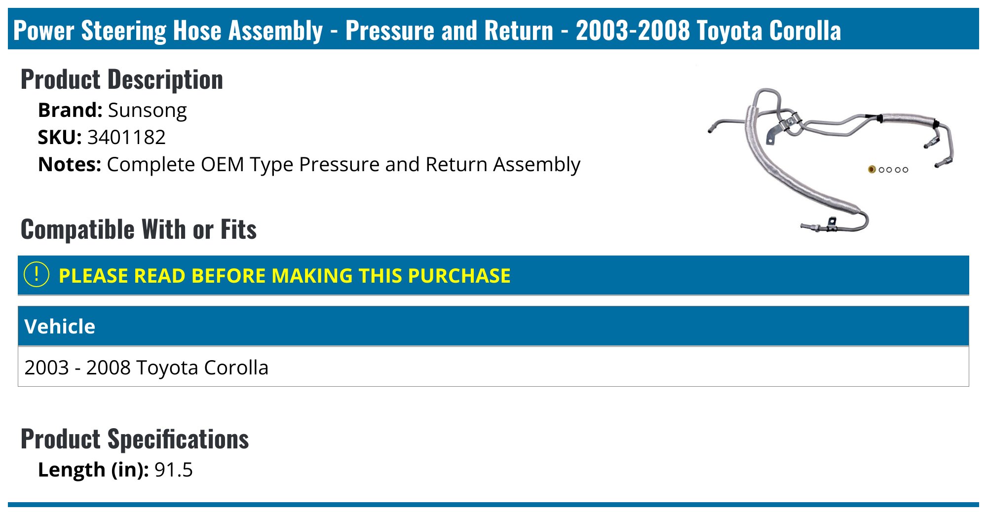 Power Steering Hose Assembly - Pressure and Return - 2003-2008 Toyota Corolla - Sunsong 8017-03127961