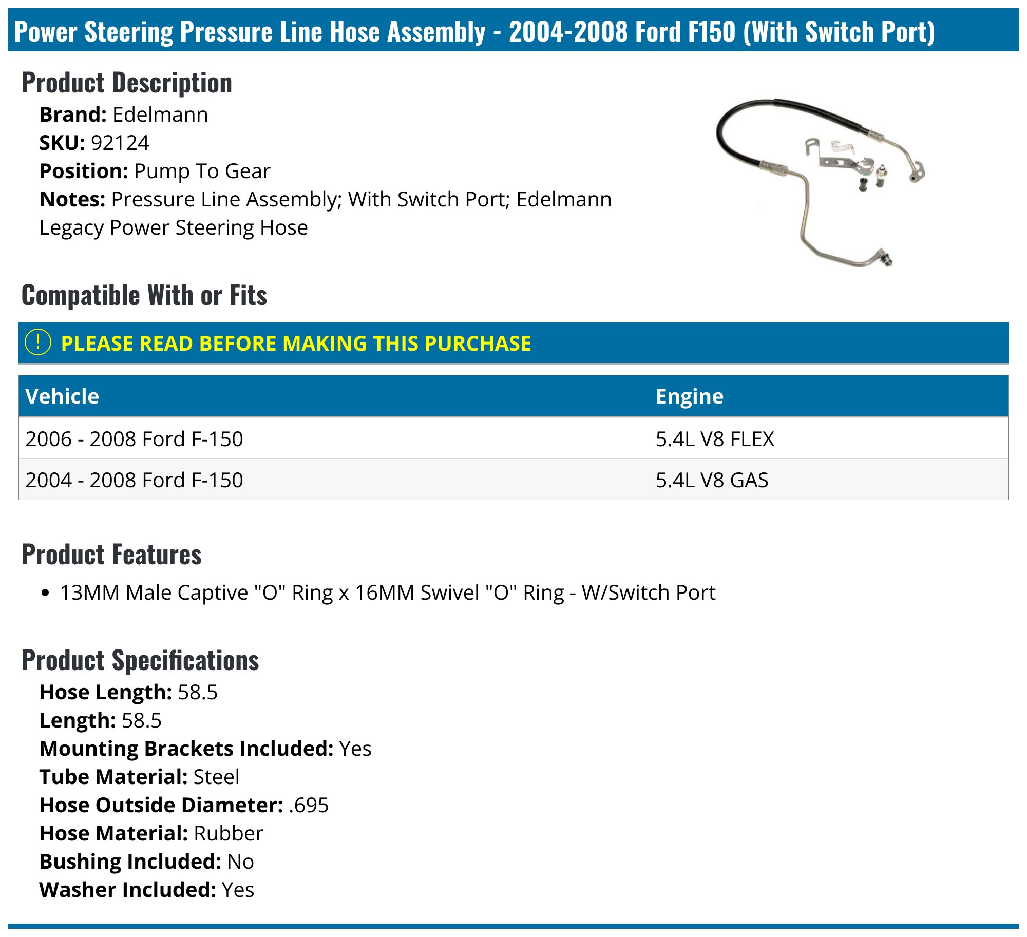 Power Steering Pressure Line Hose Assembly - 2004-2008 Ford F150 (With Switch Port) - Edelmann 17874-07889188