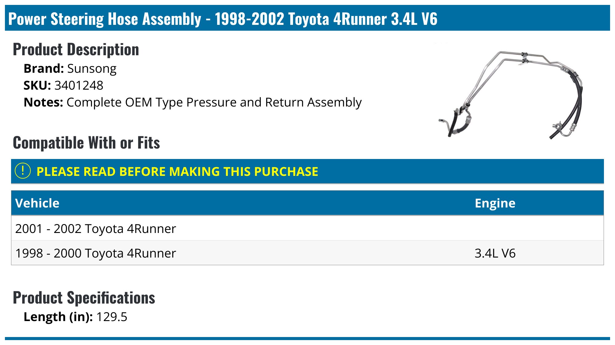 Power Steering Hose Assembly - 1998-2002 Toyota 4Runner 3.4L V6 - Sunsong 7921-05654958
